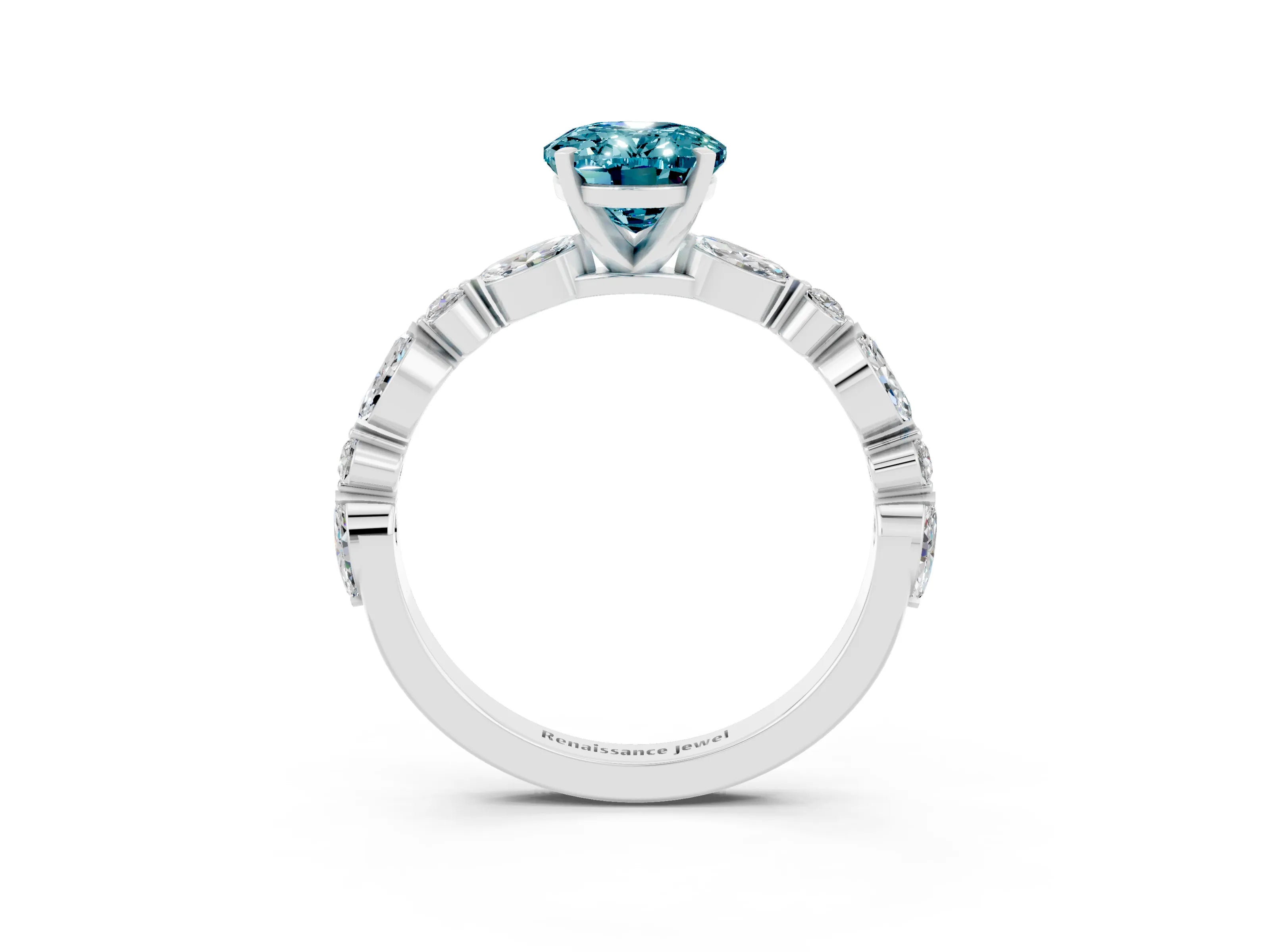 White gold Oval Cut Blue Topaz Solitaire with Side Stones on a Pavé Band and Four-Prong Setting_3