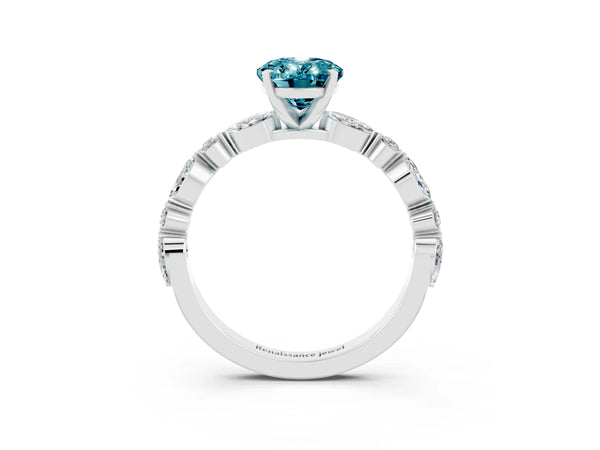 Silver Oval Cut Blue Topaz Ring with Marquise and Round  Side Stones and Four-Prong Setting