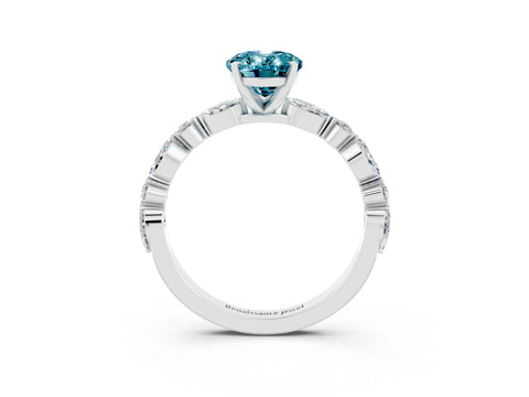 White gold Oval Cut Blue Topaz Solitaire with Side Stones on a Pavé Band and Four-Prong Setting_3