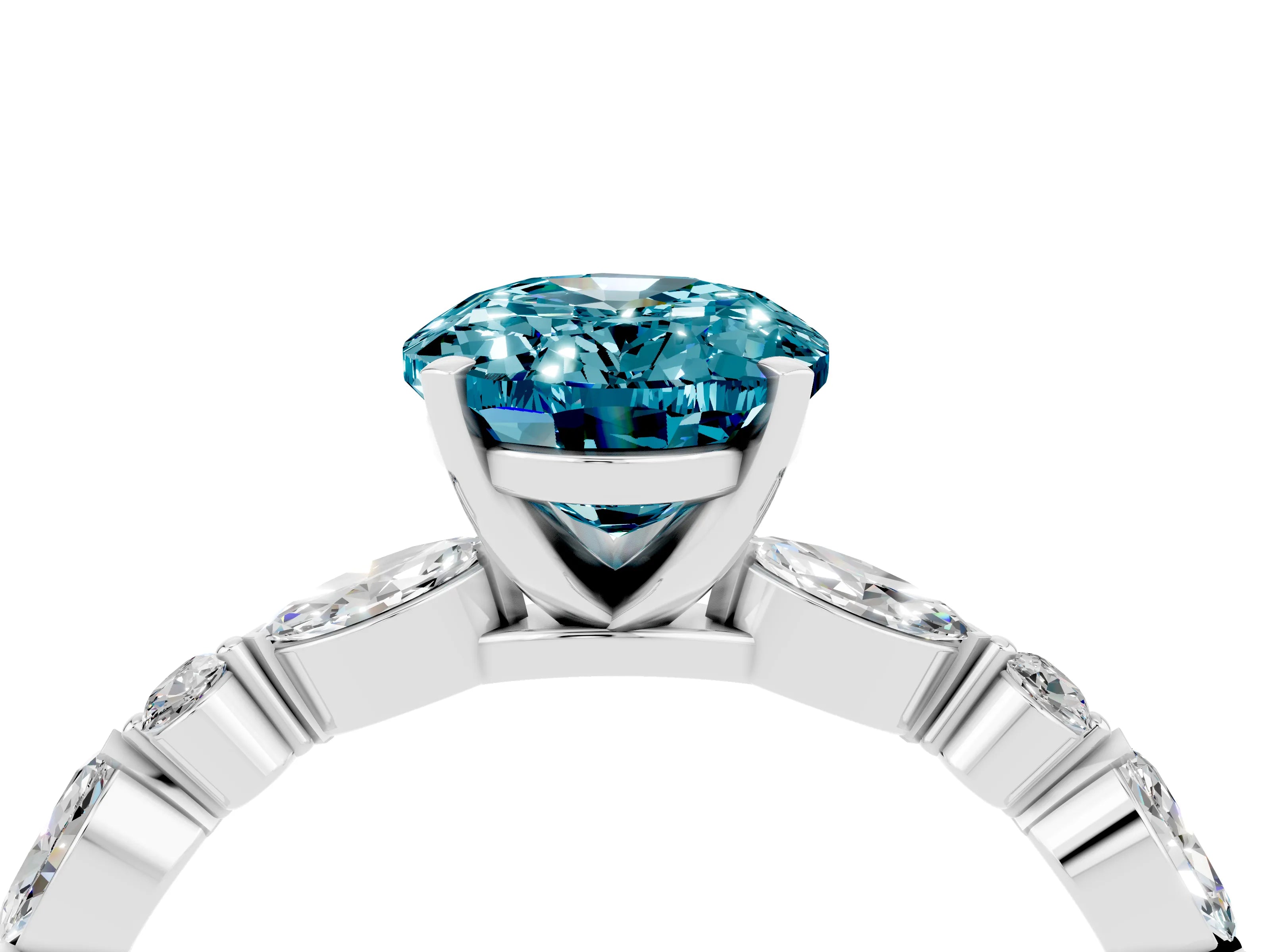 White gold Oval Cut Blue Topaz Solitaire with Side Stones on a Pavé Band and Four-Prong Setting_4