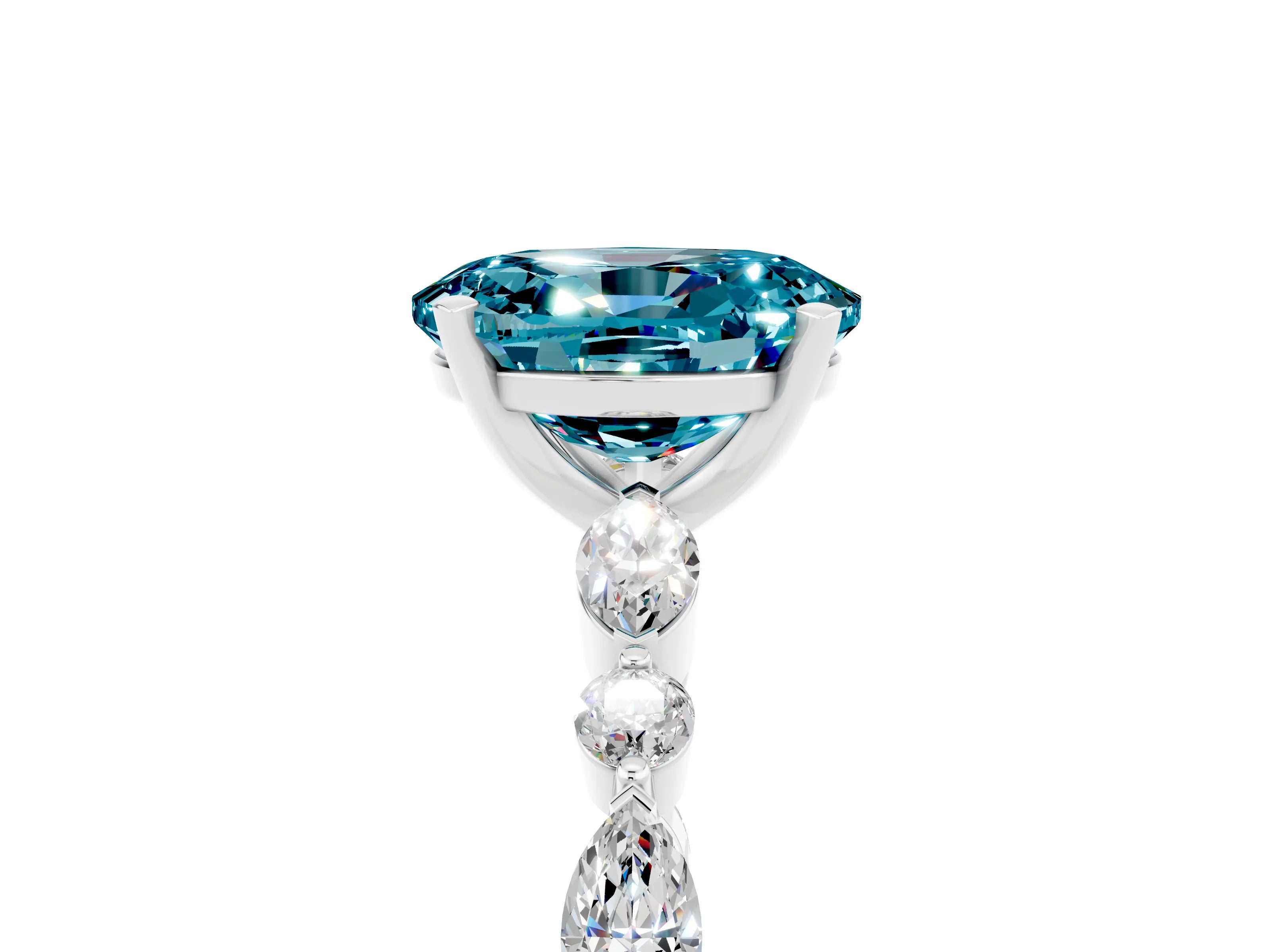 White gold Oval Cut Blue Topaz Solitaire with Side Stones on a Pavé Band and Four-Prong Setting_5