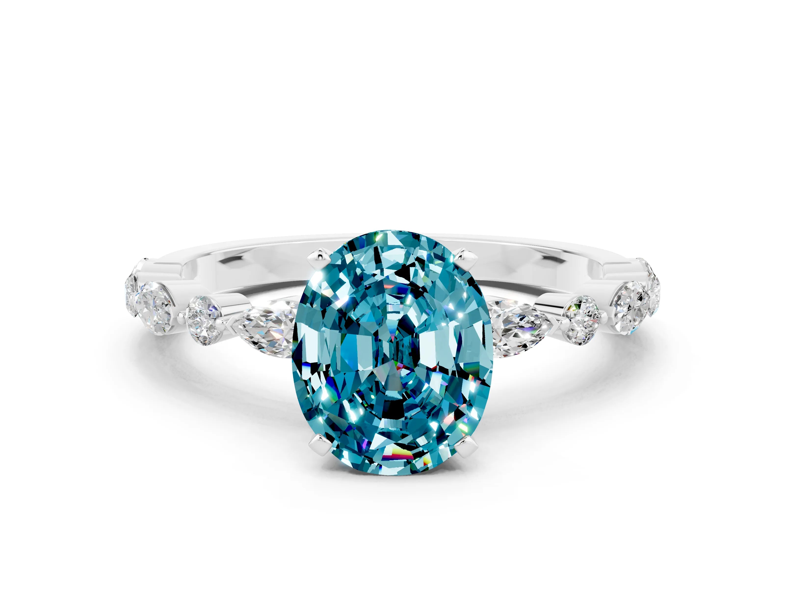White gold Oval Cut Blue Topaz Solitaire with Side Stones on a Pavé Band and Four-Prong Setting