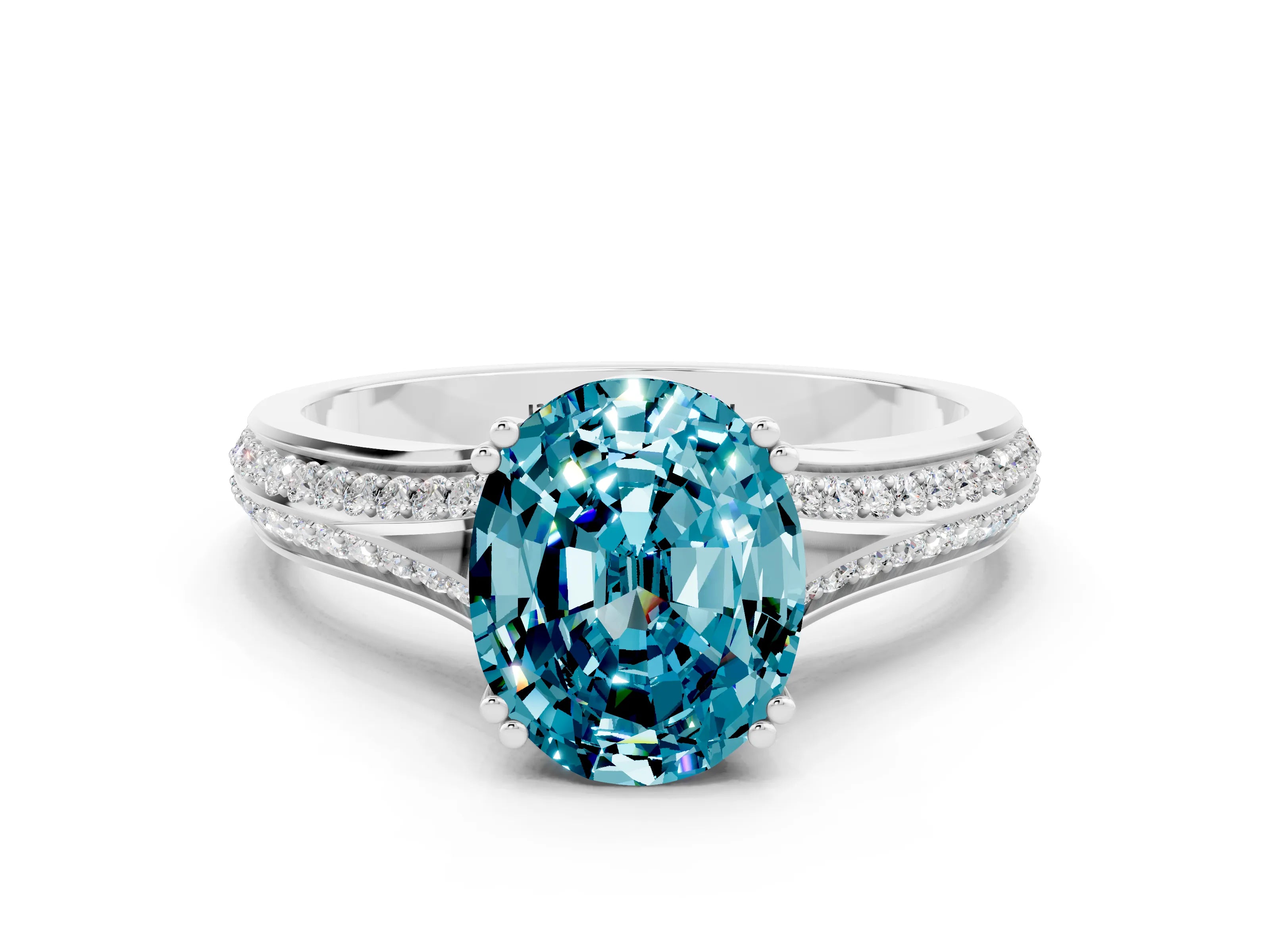 White gold Oval Cut Blue Topaz Split Shank Engagement Ring with Pavé Band