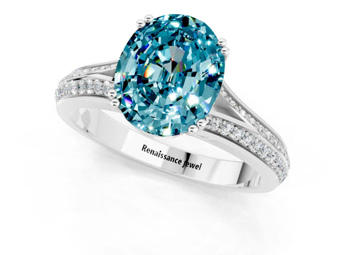 White gold Oval Cut Blue Topaz Split Shank Engagement Ring with Pavé Band_1
