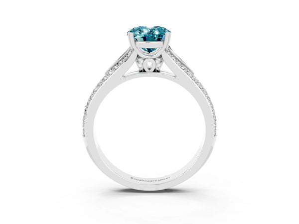 Platinum Oval Cut Blue Topaz Split Shank Engagement Ring with Pavé Band