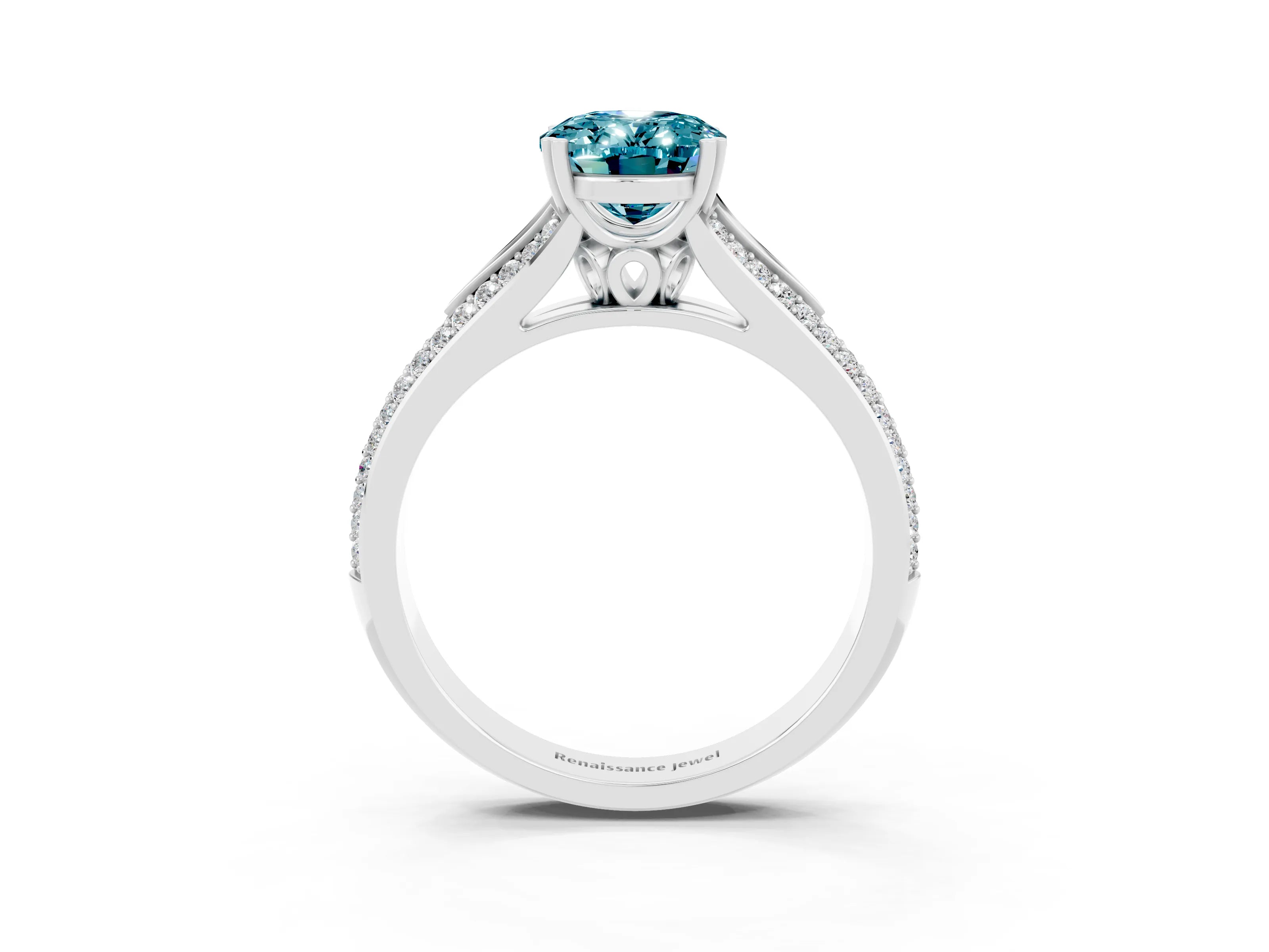 White gold Oval Cut Blue Topaz Split Shank Engagement Ring with Pavé Band_3
