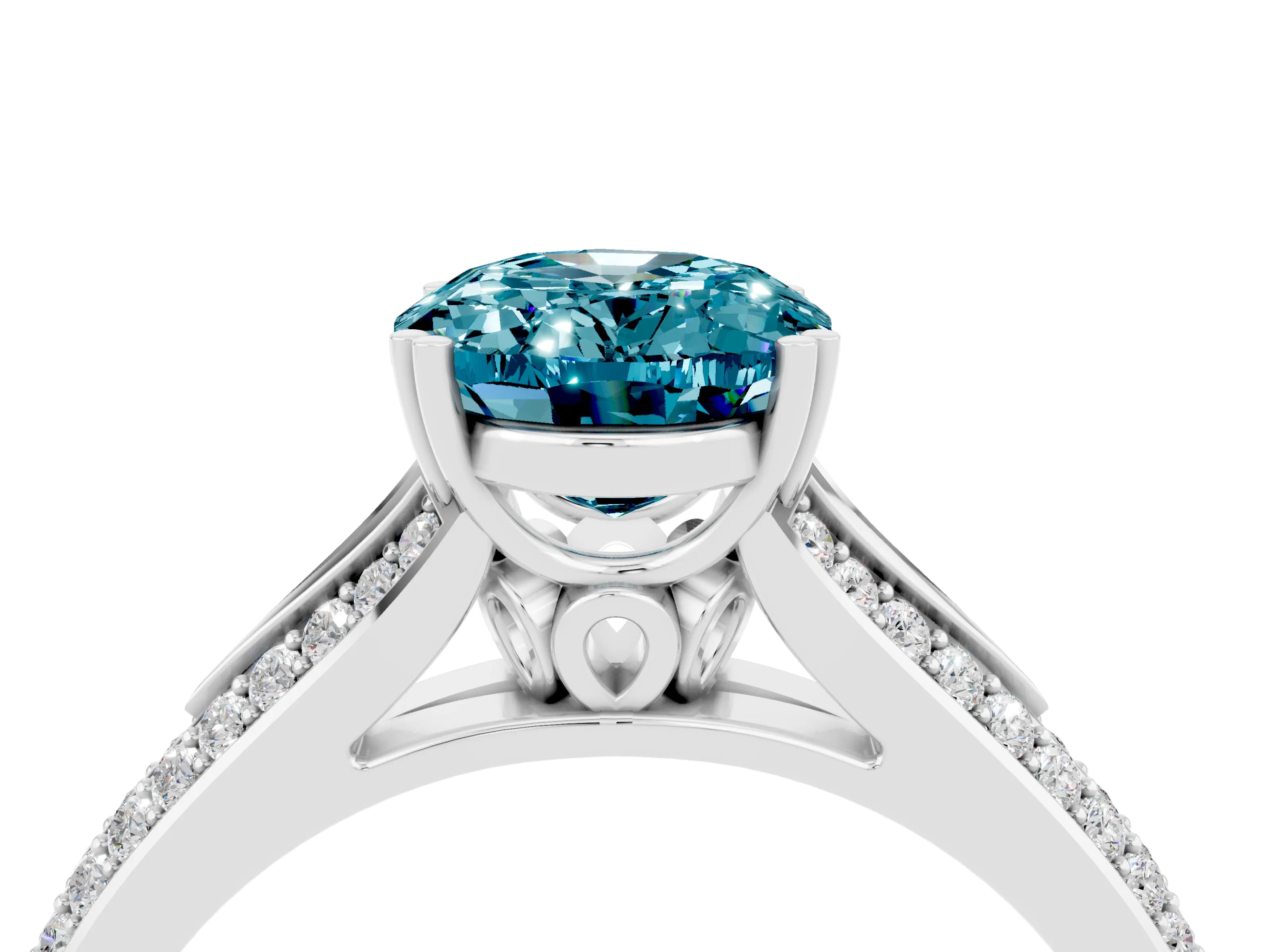 White gold Oval Cut Blue Topaz Split Shank Engagement Ring with Pavé Band_4