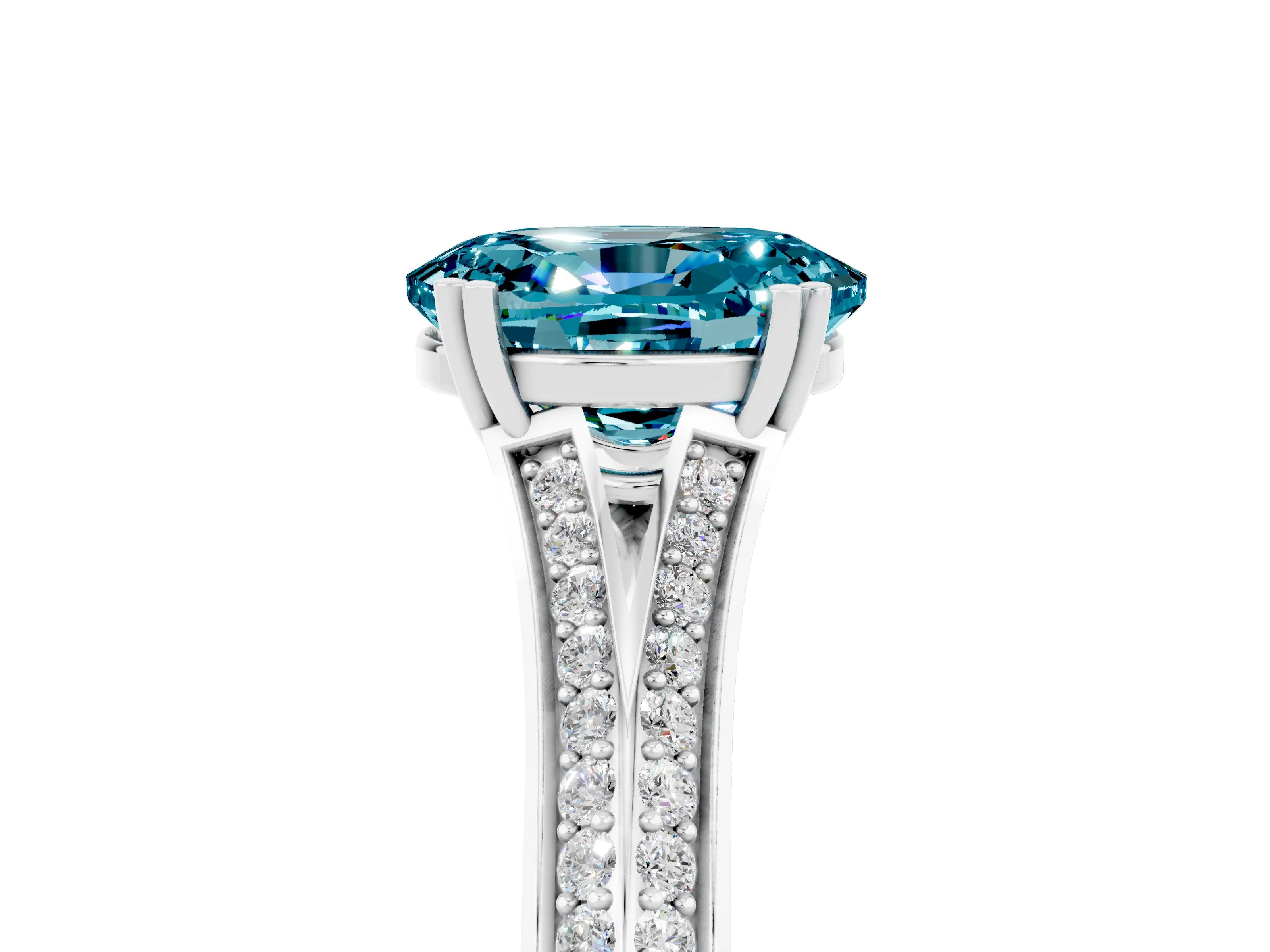 White gold Oval Cut Blue Topaz Split Shank Engagement Ring with Pavé Band_5