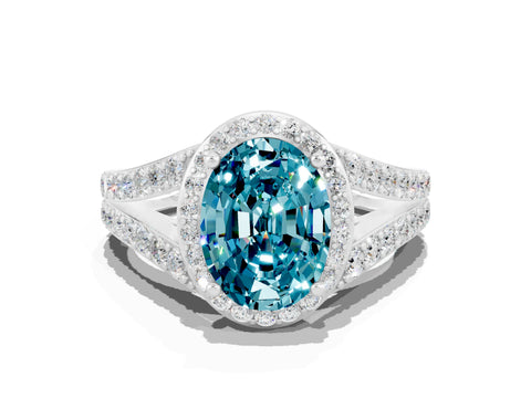 White gold Oval Cut Blue Topaz Split Shank Halo Ring with Four-Prong Setting_12