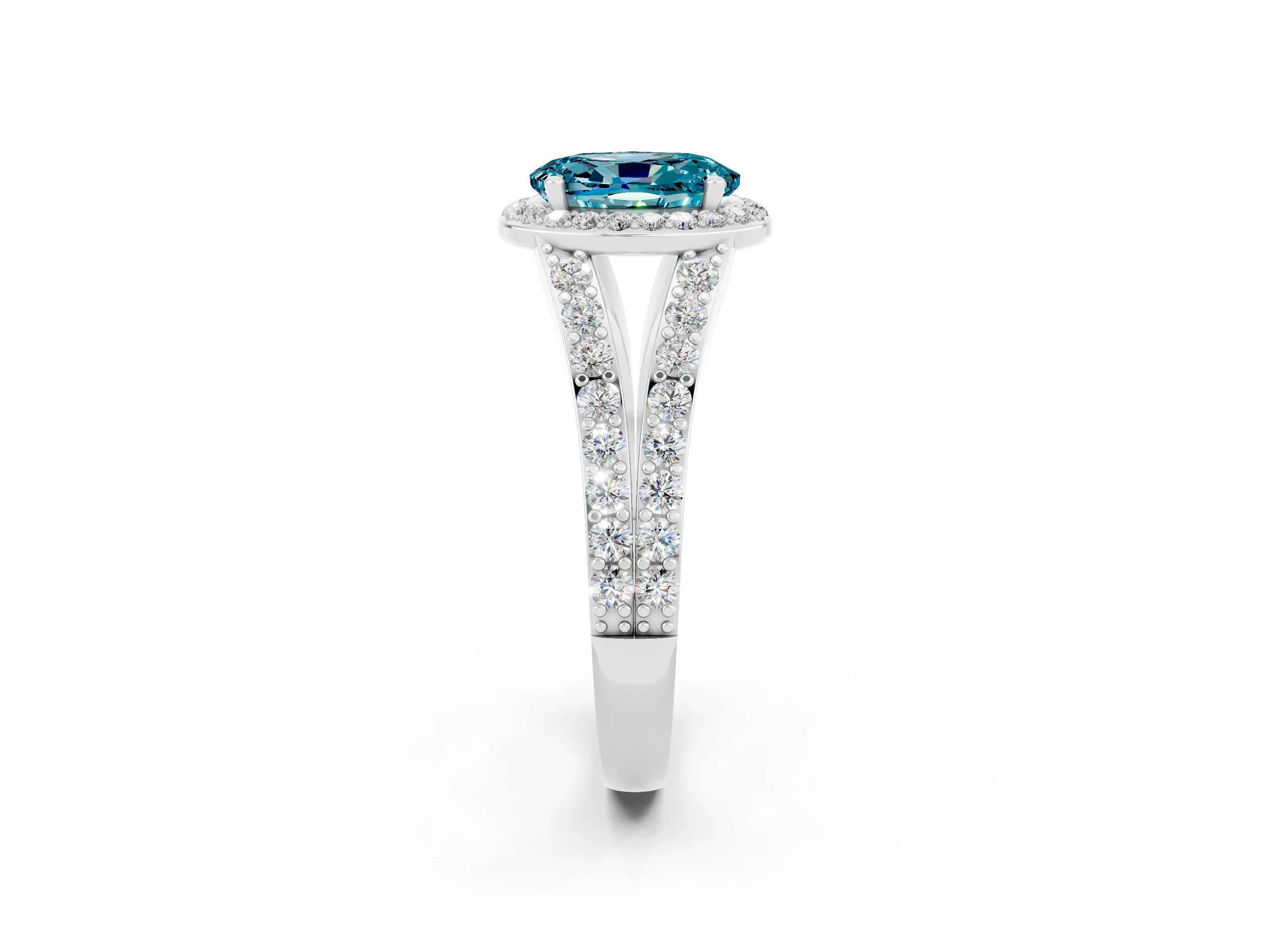 White gold Oval Cut Blue Topaz Split Shank Halo Ring with Four-Prong Setting_14