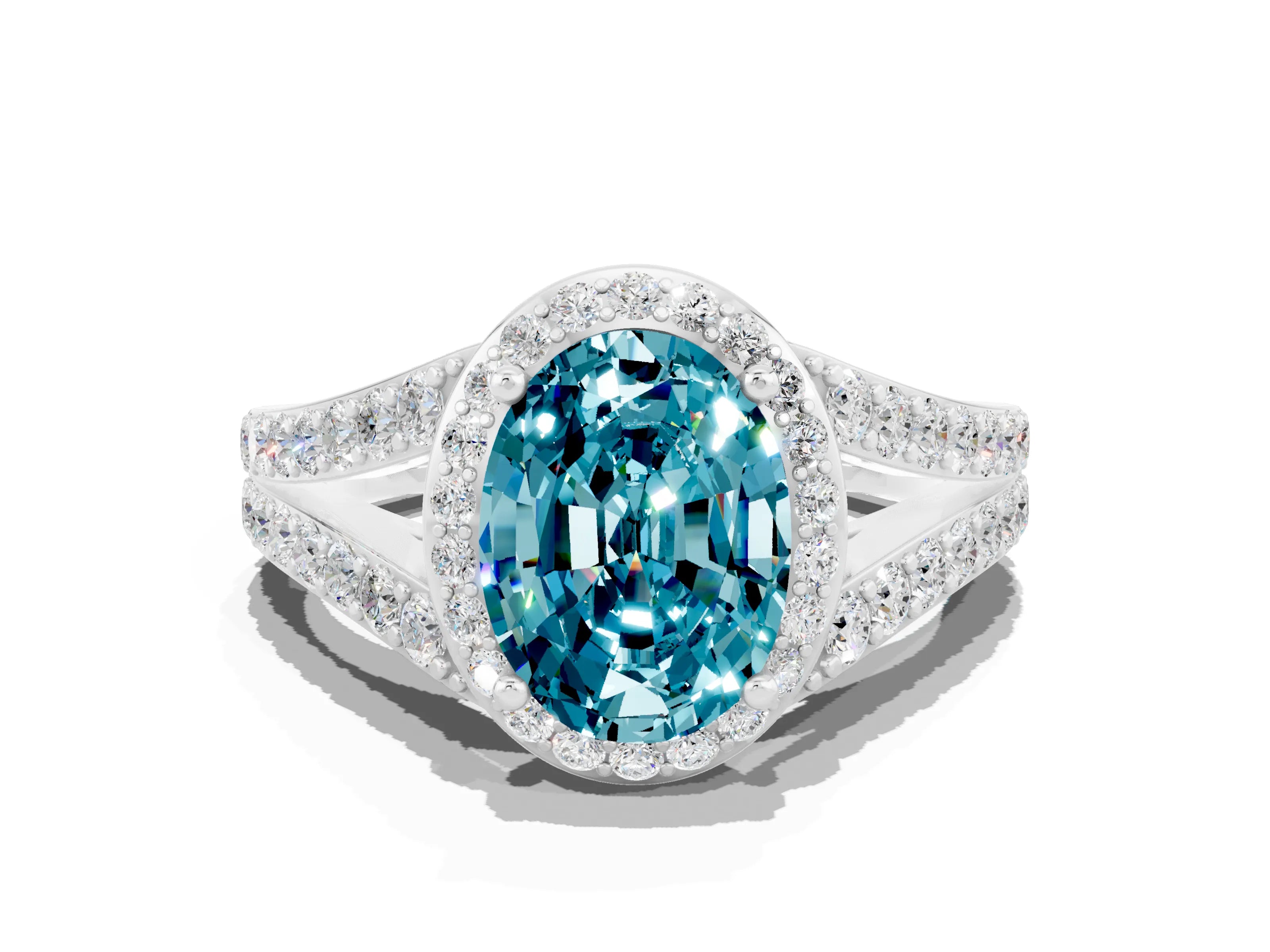 White gold Oval Cut Blue Topaz Split Shank Halo Ring with Four-Prong Setting_24