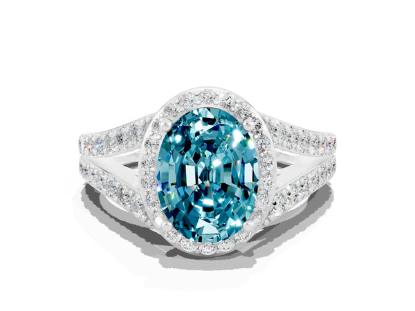 White gold Oval Cut Blue Topaz Split Shank Halo Ring with Four-Prong Setting