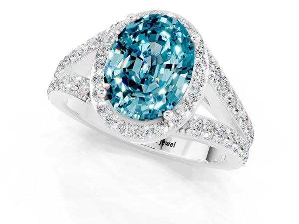 White gold Oval Cut Blue Topaz Split Shank Halo Ring with Four-Prong Setting