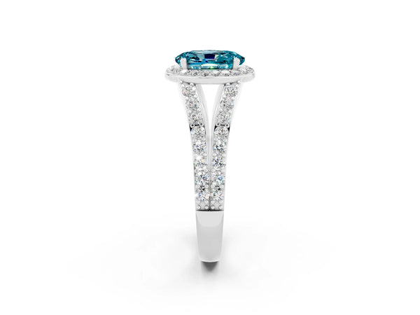 White gold Oval Cut Blue Topaz Split Shank Halo Ring with Four-Prong Setting