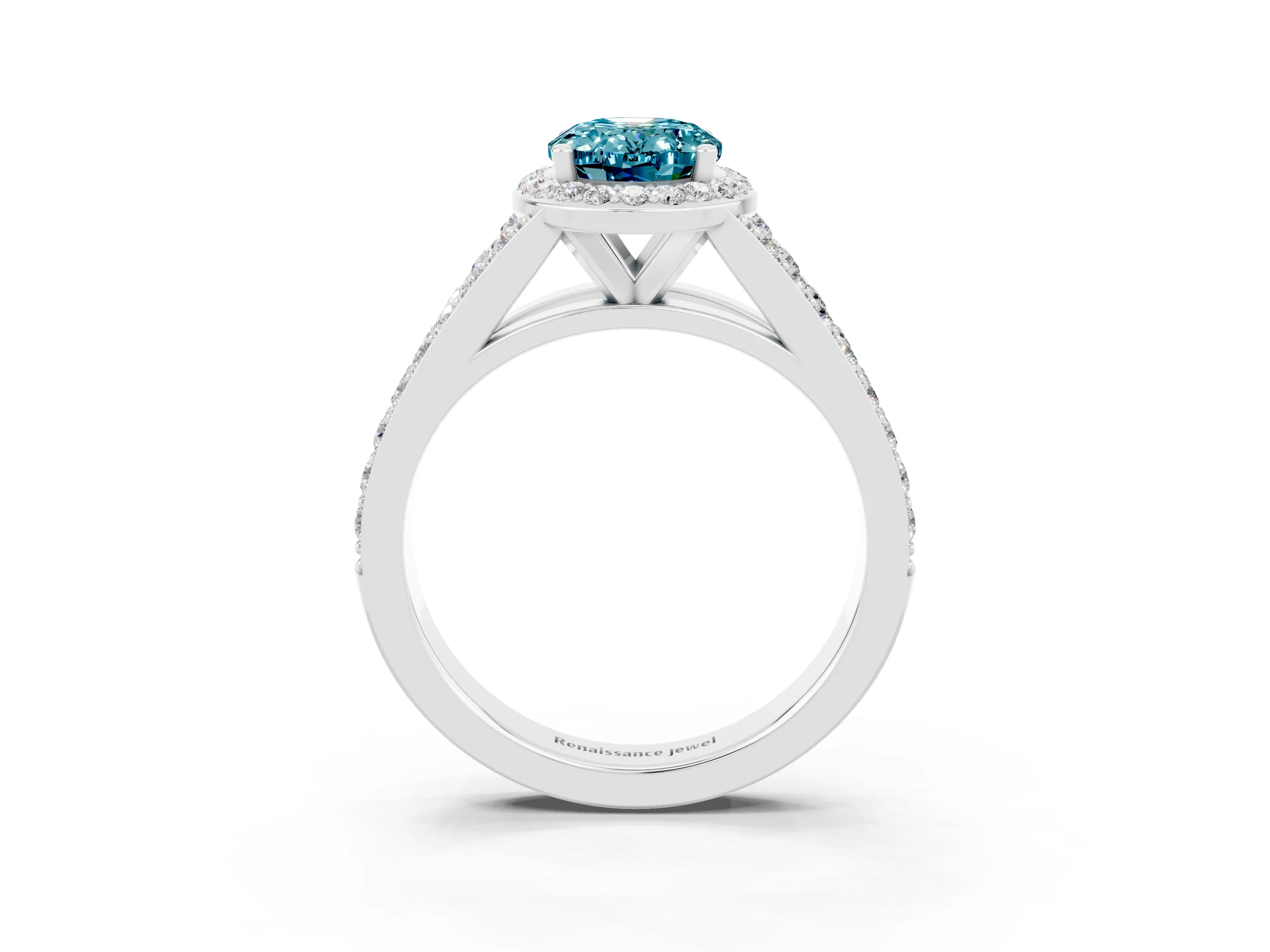 White gold Oval Cut Blue Topaz Split Shank Halo Ring with Four-Prong Setting_27