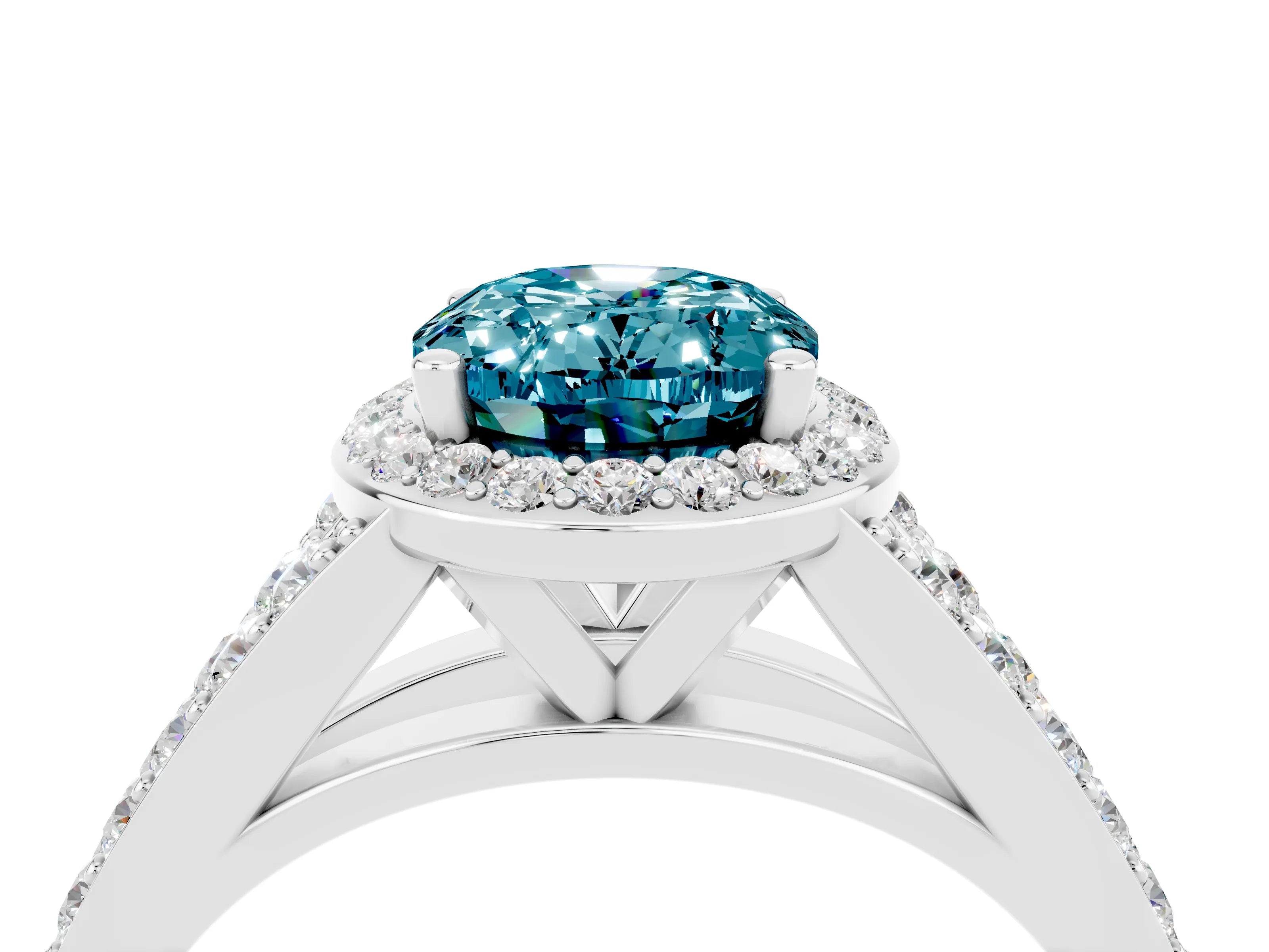 White gold Oval Cut Blue Topaz Split Shank Halo Ring with Four-Prong Setting_28