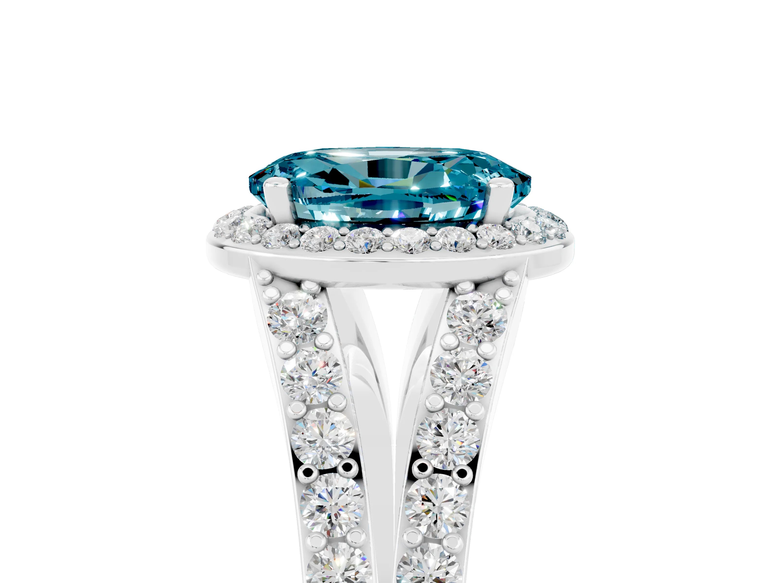 White gold Oval Cut Blue Topaz Split Shank Halo Ring with Four-Prong Setting_29