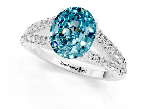 White gold Oval Cut Blue Topaz Split Shank Pavé Engagement Ring with Four-Prong Setting_13