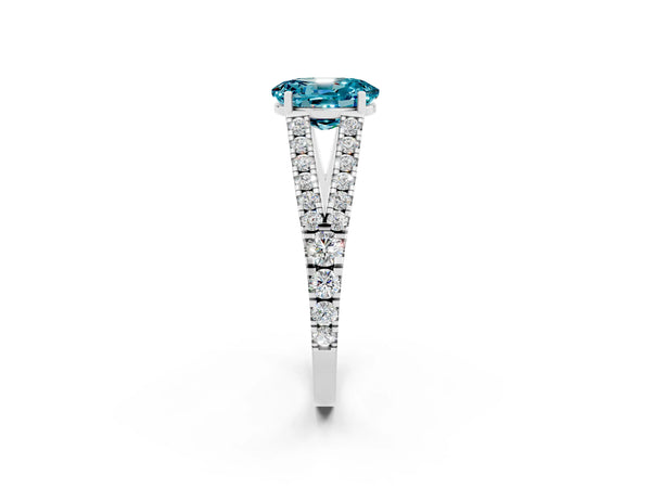 White gold Oval Cut Blue Topaz Split Shank Pavé Engagement Ring with Four-Prong Setting