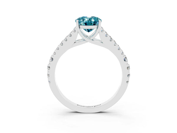 White gold Oval Cut Blue Topaz Split Shank Pavé Engagement Ring with Four-Prong Setting