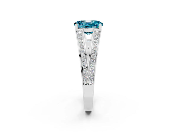 Platinum Oval Cut Blue Topaz Split Shank Ring with Pavé Band and Four-Prong Setting