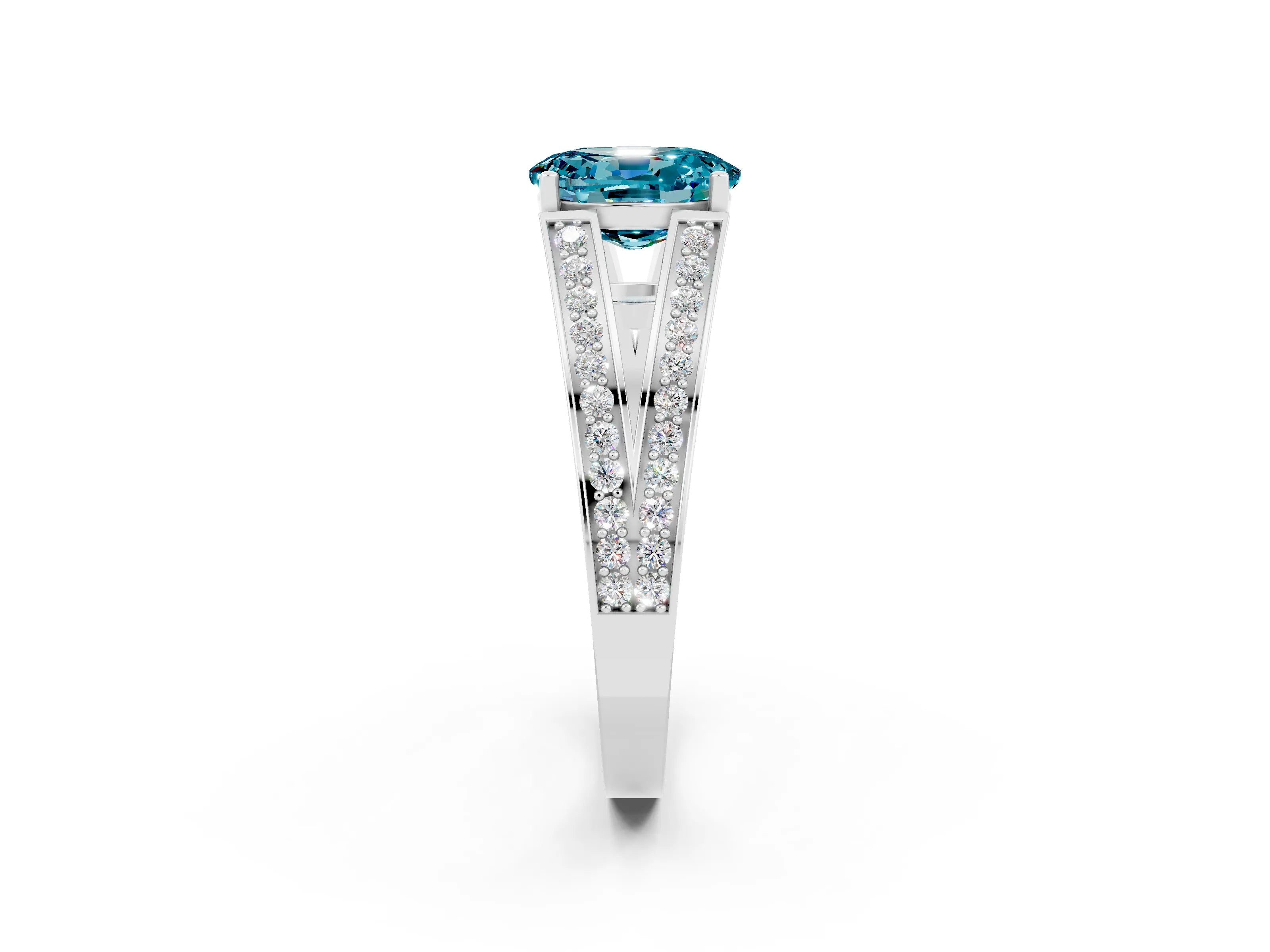 White gold Oval Cut Blue Topaz Split Shank Ring with Pavé Band and Four-Prong Setting_2