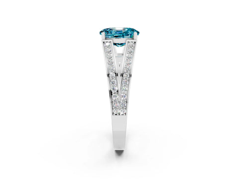 White gold Oval Cut Blue Topaz Split Shank Ring with Pavé Band and Four-Prong Setting_2