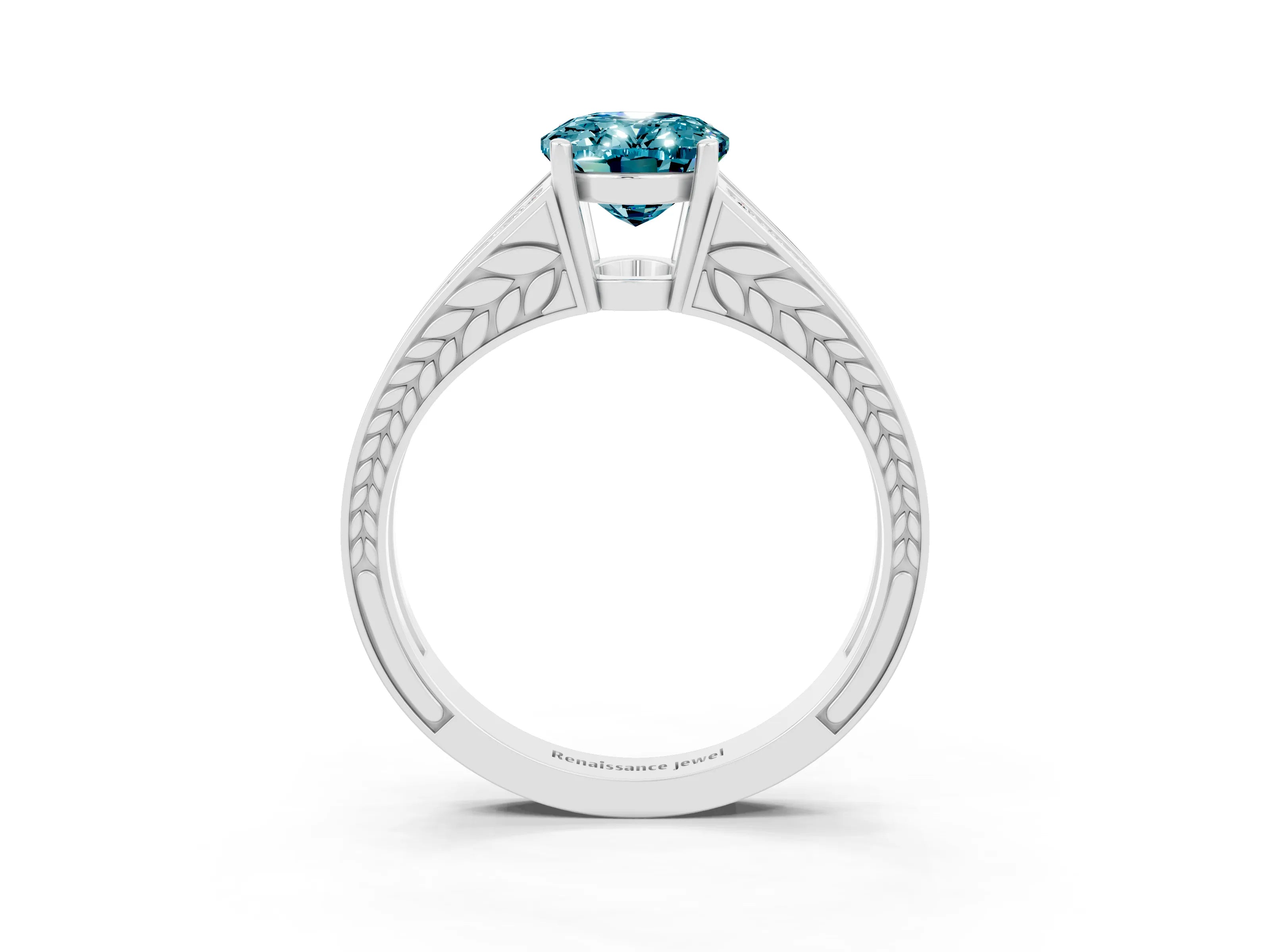White gold Oval Cut Blue Topaz Split Shank Ring with Pavé Band and Four-Prong Setting_3
