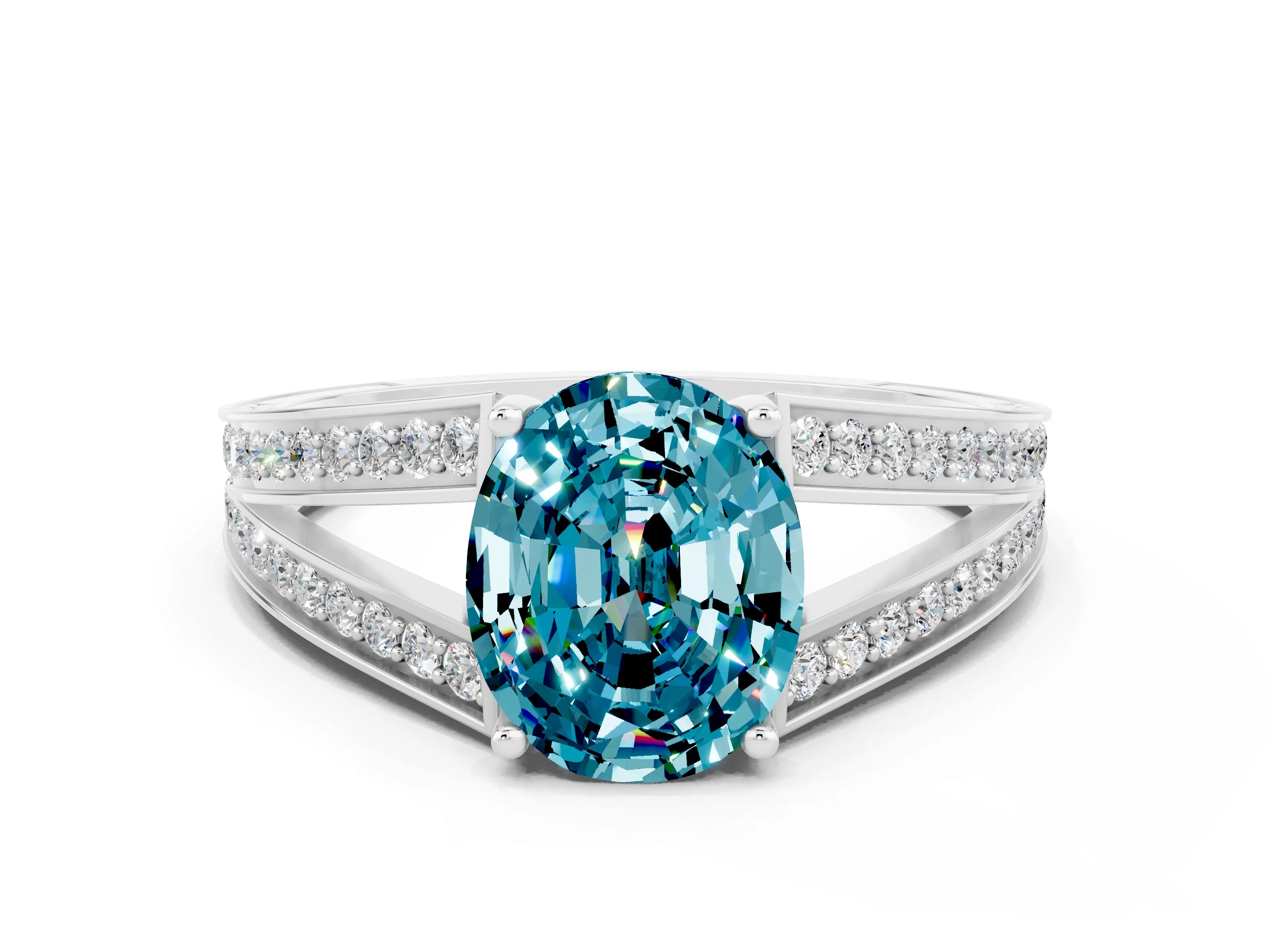 White gold Oval Cut Blue Topaz Split Shank Ring with Pavé Band and Four-Prong Setting