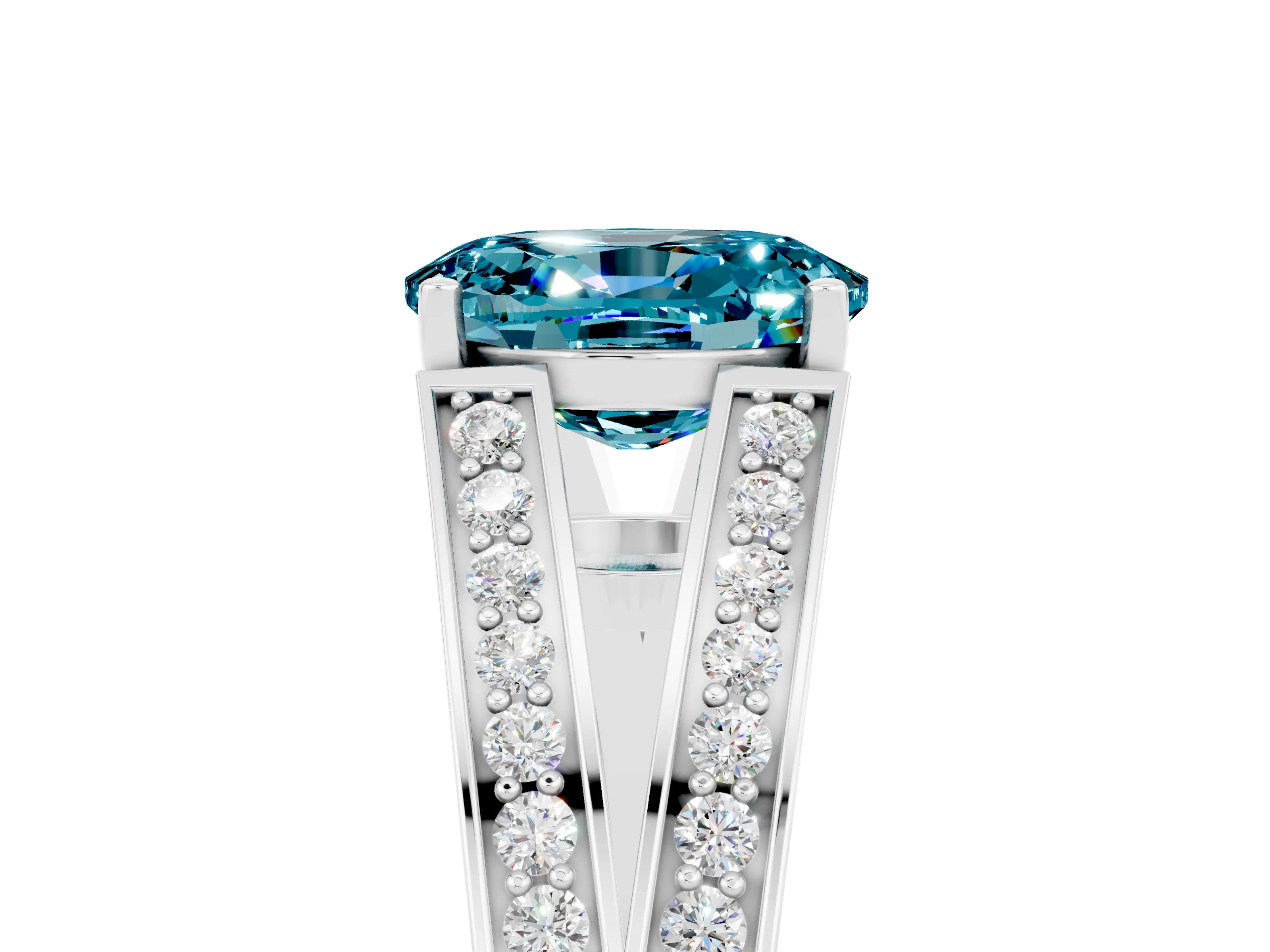 White gold Oval Cut Blue Topaz Split Shank Ring with Pavé Band and Four-Prong Setting_5