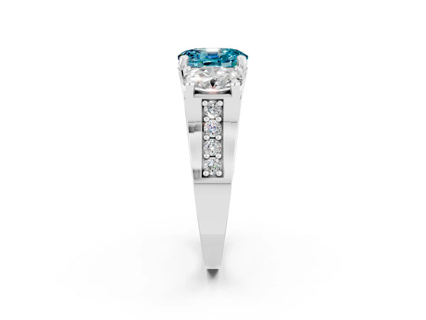 Silver Oval Cut Blue Topaz Three-Stone Ring with Channel Set Band and Four-Prong Setting