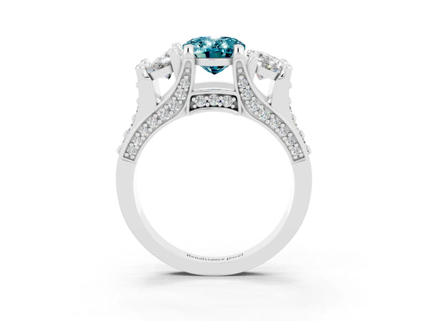 Silver Oval Cut Blue Topaz Three-Stone Ring with Channel Set Band and Four-Prong Setting