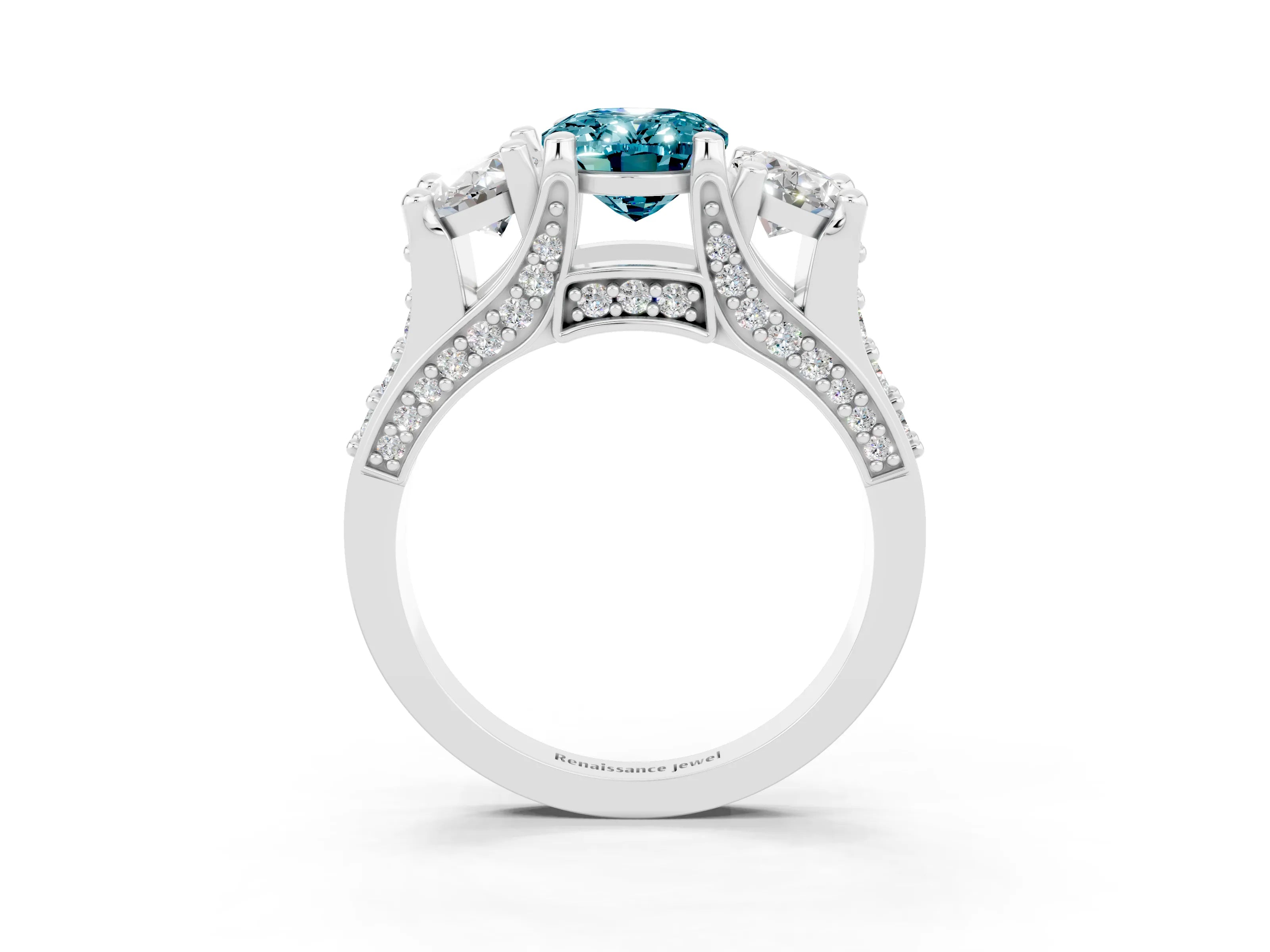 White gold Oval Cut Blue Topaz Three-Stone Ring with Channel Set Band and Four-Prong Setting_3