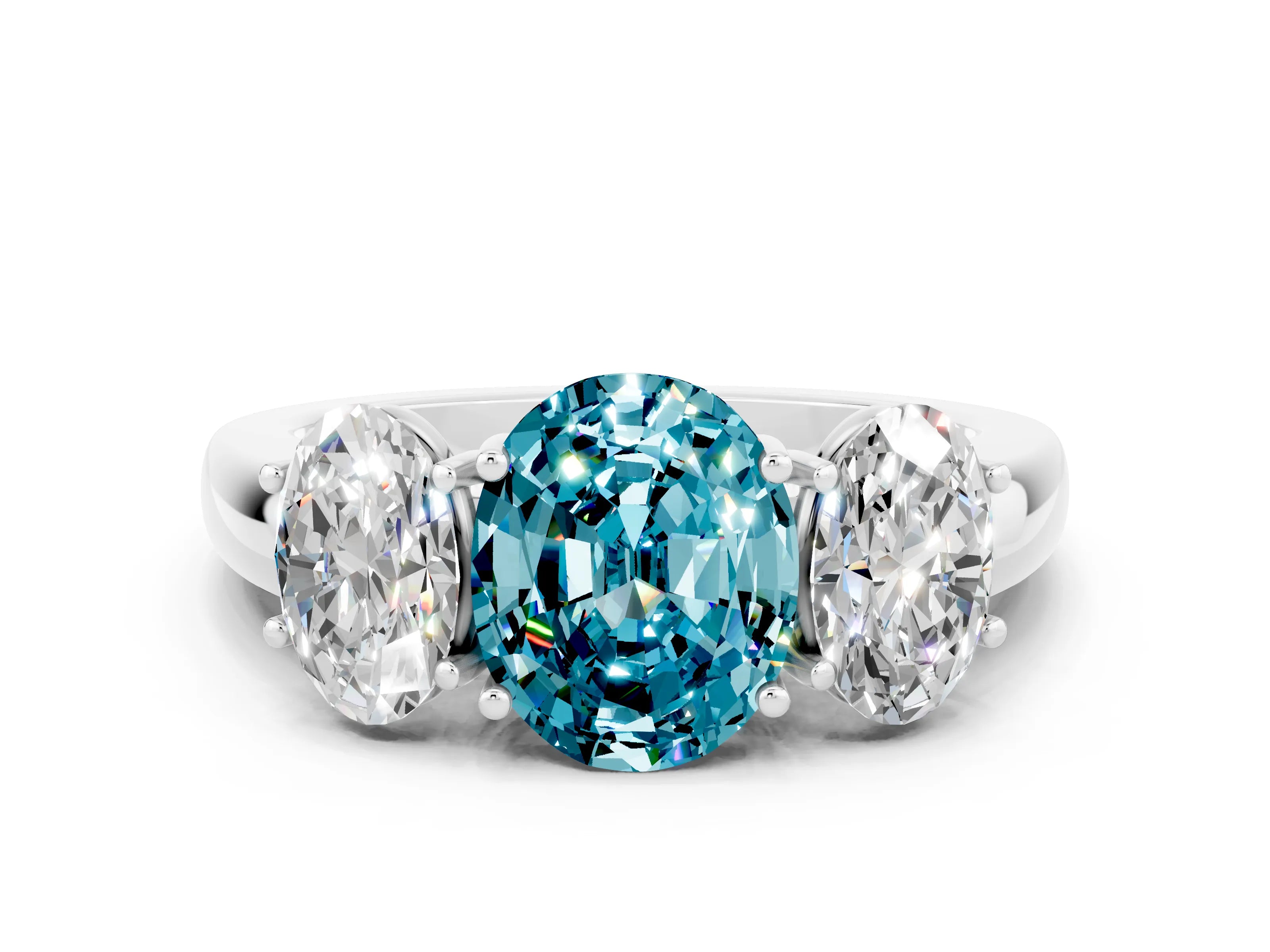 White gold Oval Cut Blue Topaz Three-Stone Ring with Four-Prong Setting and Classic Band