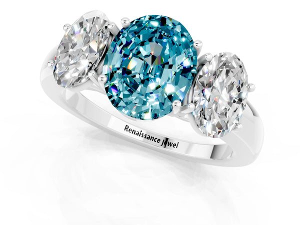 White gold Oval Cut Blue Topaz Three-Stone Ring with Four-Prong Setting and Classic Band