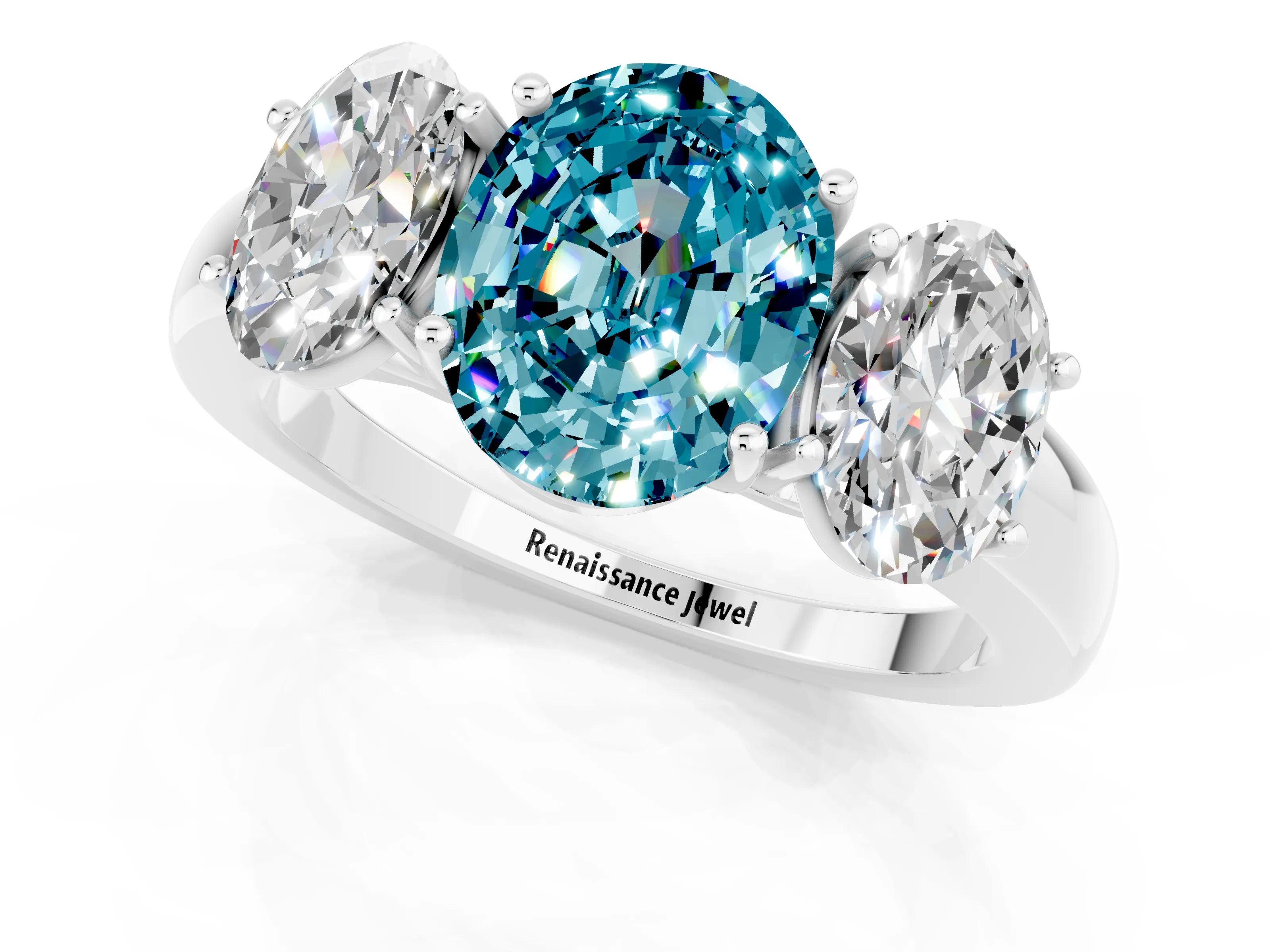 White gold Oval Cut Blue Topaz Three-Stone Ring with Four-Prong Setting and Classic Band_1