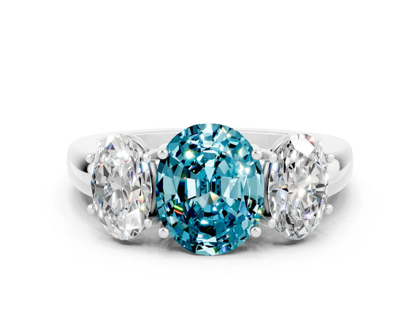 White gold Oval Cut Blue Topaz Three-Stone Ring with Four-Prong Setting and Classic Band