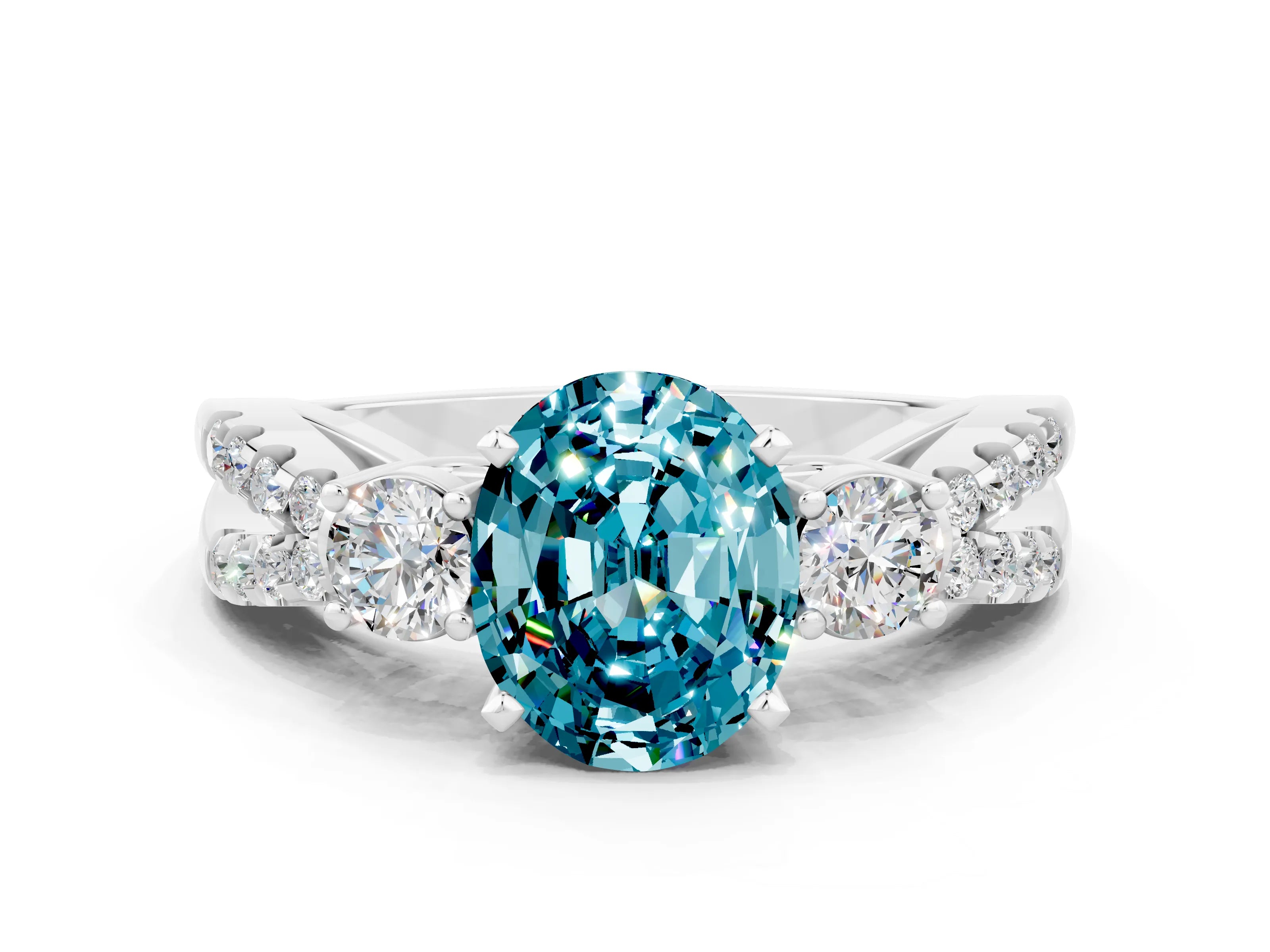 White gold Oval Cut Blue Topaz Three-Stone Ring with Pavé Split Shank and Four-Prong Setting_12