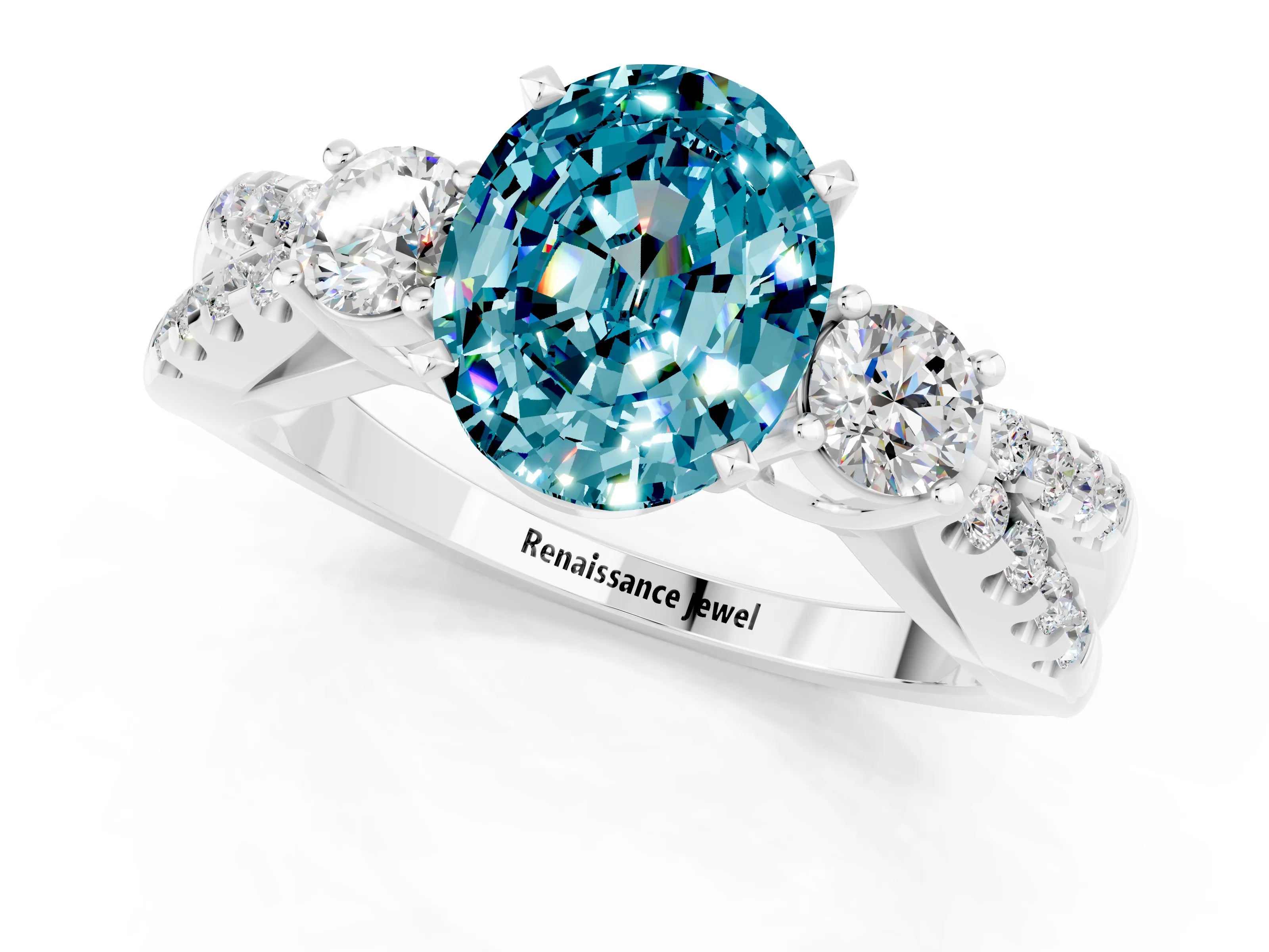 White gold Oval Cut Blue Topaz Three-Stone Ring with Pavé Split Shank and Four-Prong Setting_13