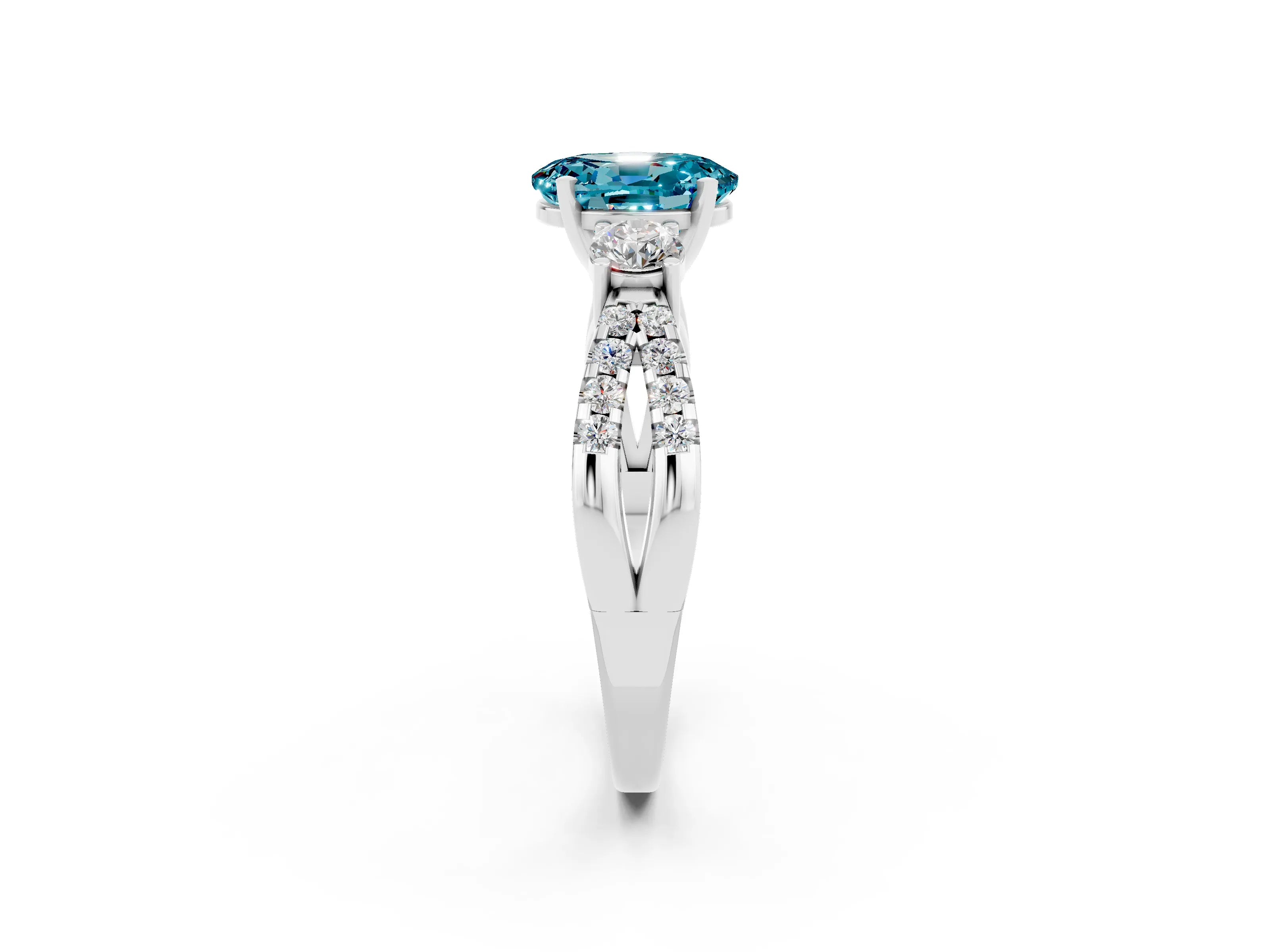 White gold Oval Cut Blue Topaz Three-Stone Ring with Pavé Split Shank and Four-Prong Setting_14