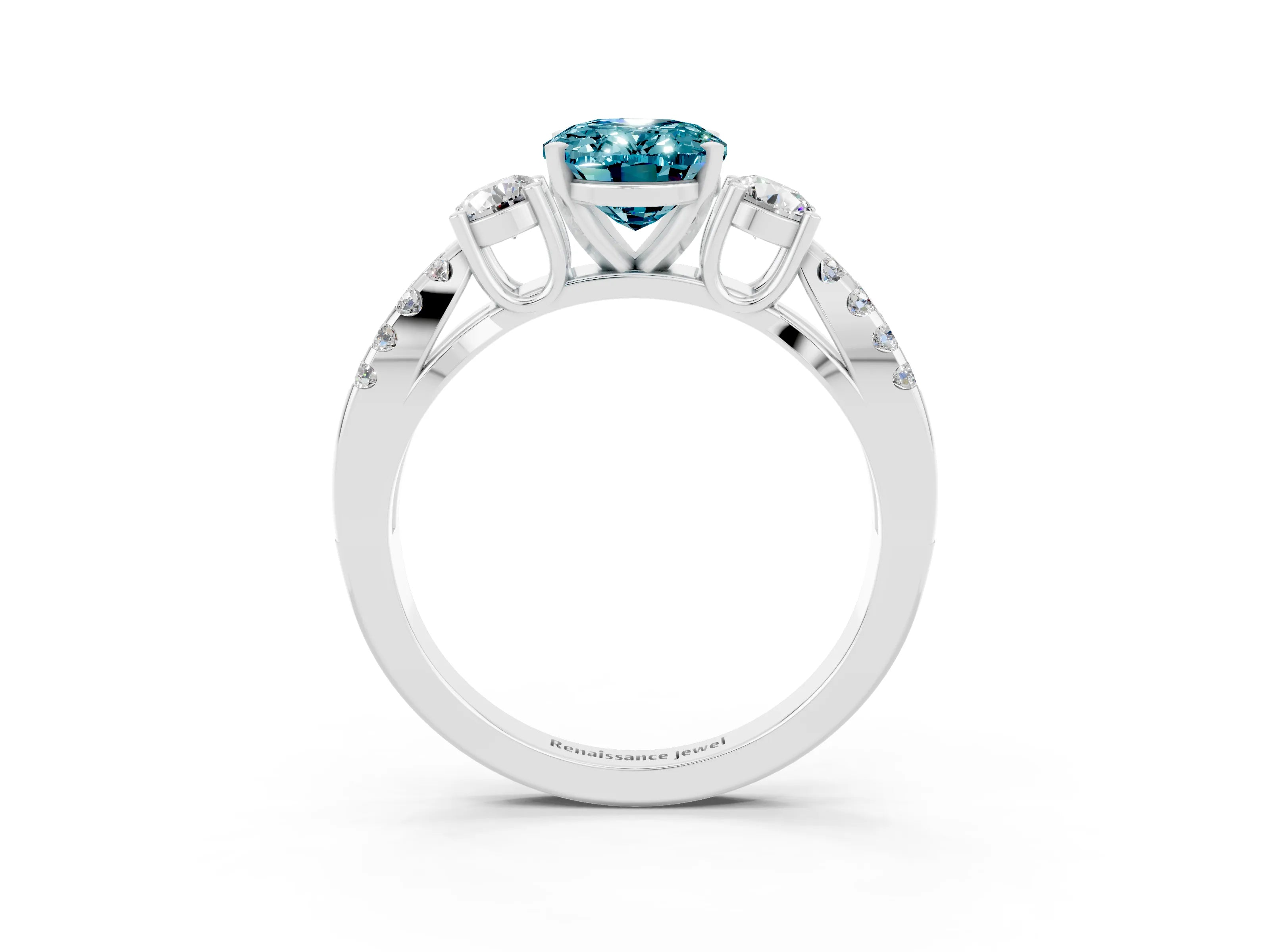 White gold Oval Cut Blue Topaz Three-Stone Ring with Pavé Split Shank and Four-Prong Setting_15