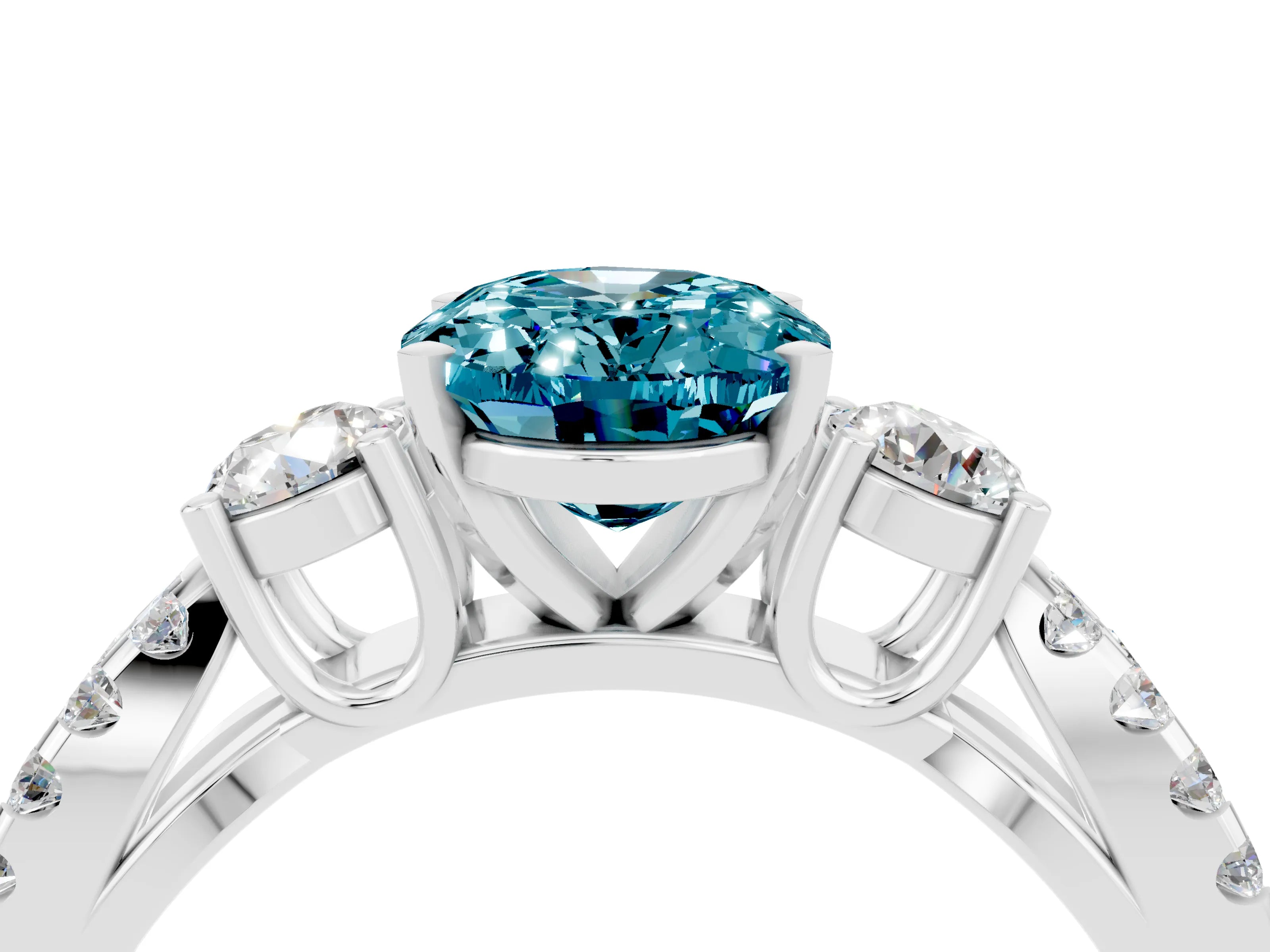 White gold Oval Cut Blue Topaz Three-Stone Ring with Pavé Split Shank and Four-Prong Setting_16