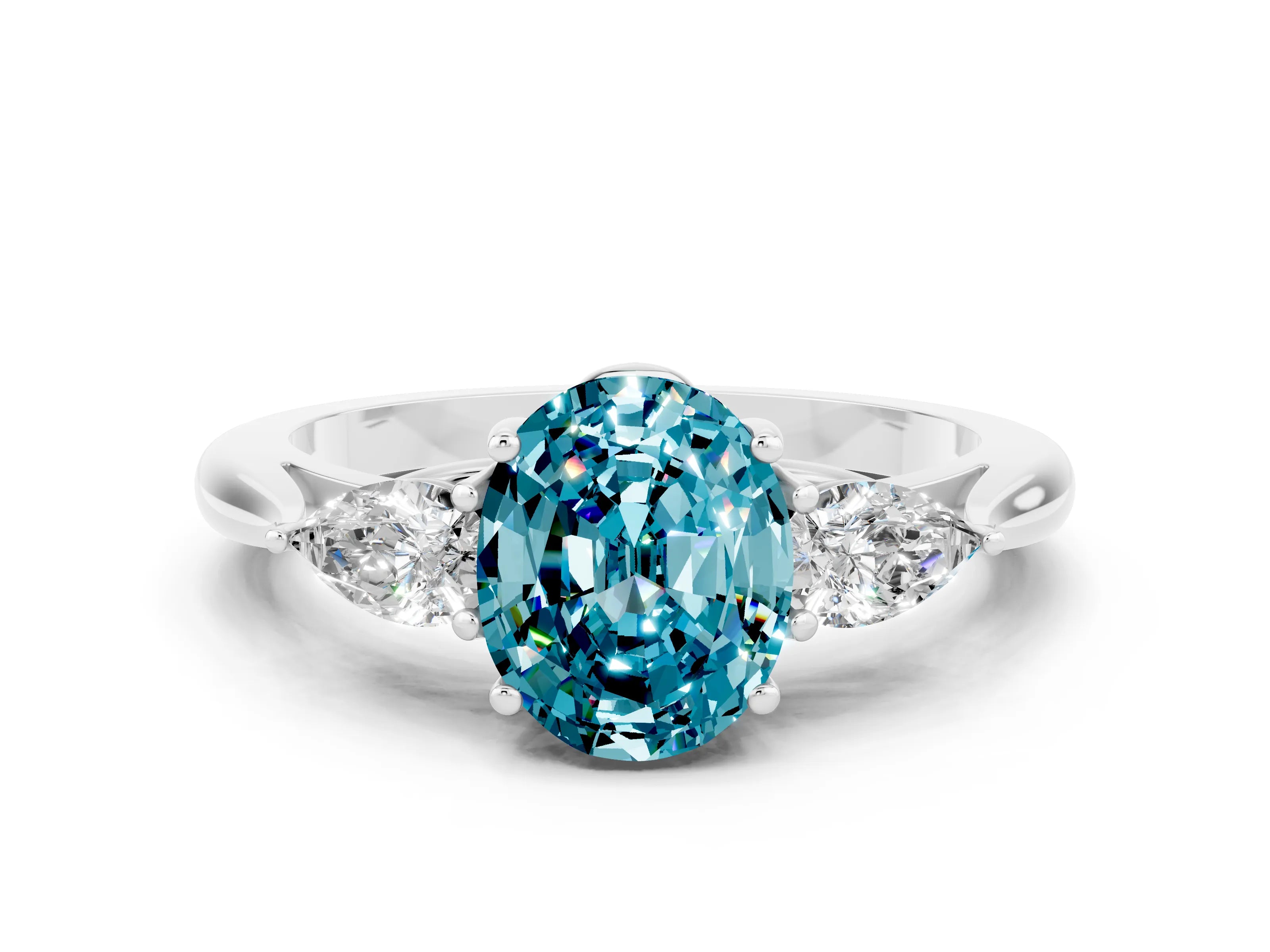 White gold Oval Cut Blue Topaz Three-Stone Ring with Pear Side Stones and Four-Prong Setting_12