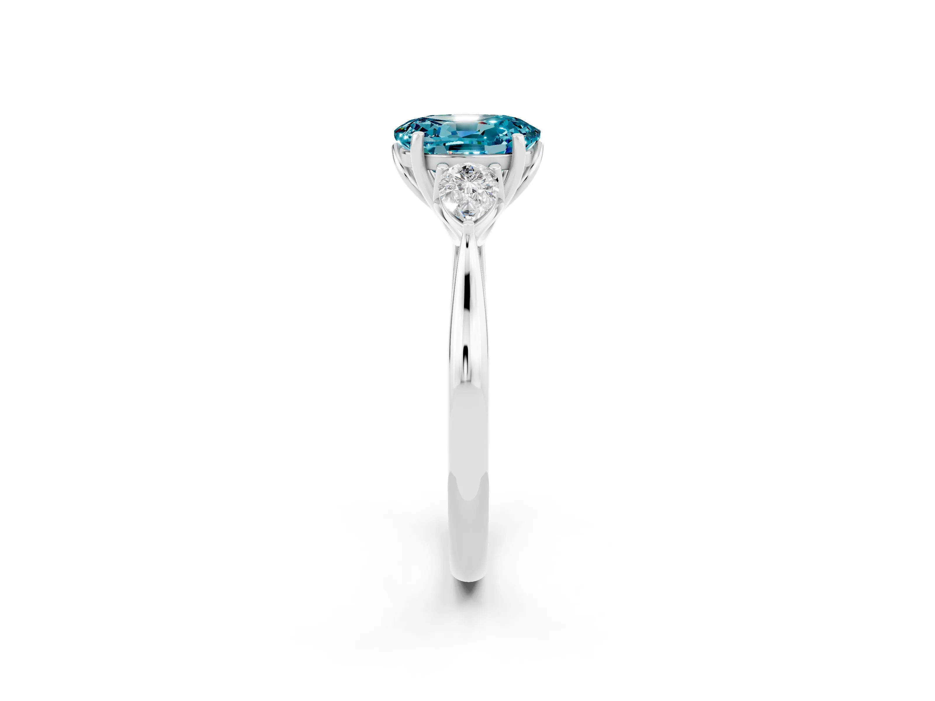 White gold Oval Cut Blue Topaz Three-Stone Ring with Pear Side Stones and Four-Prong Setting_14