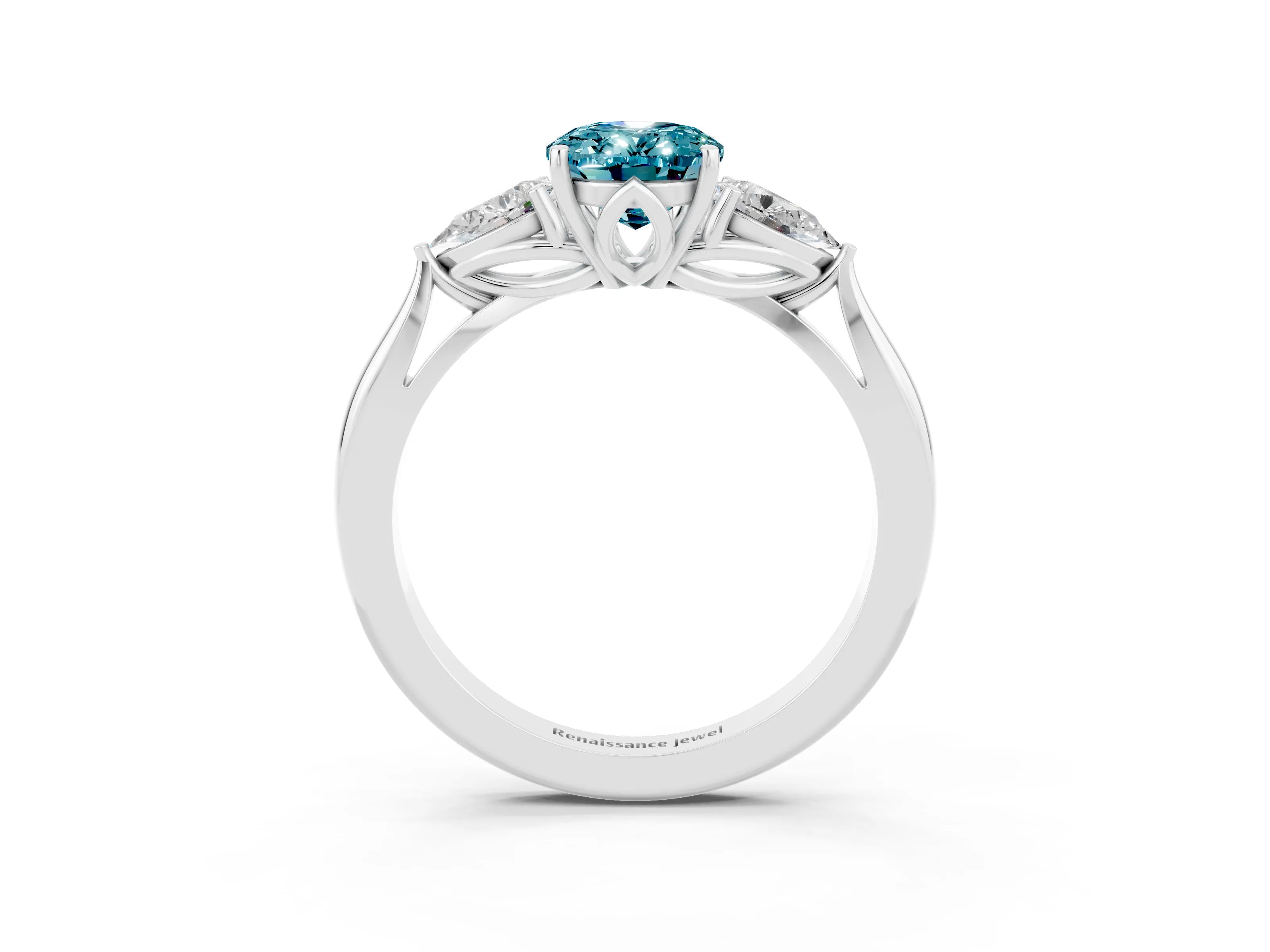 White gold Oval Cut Blue Topaz Three-Stone Ring with Pear Side Stones and Four-Prong Setting_15