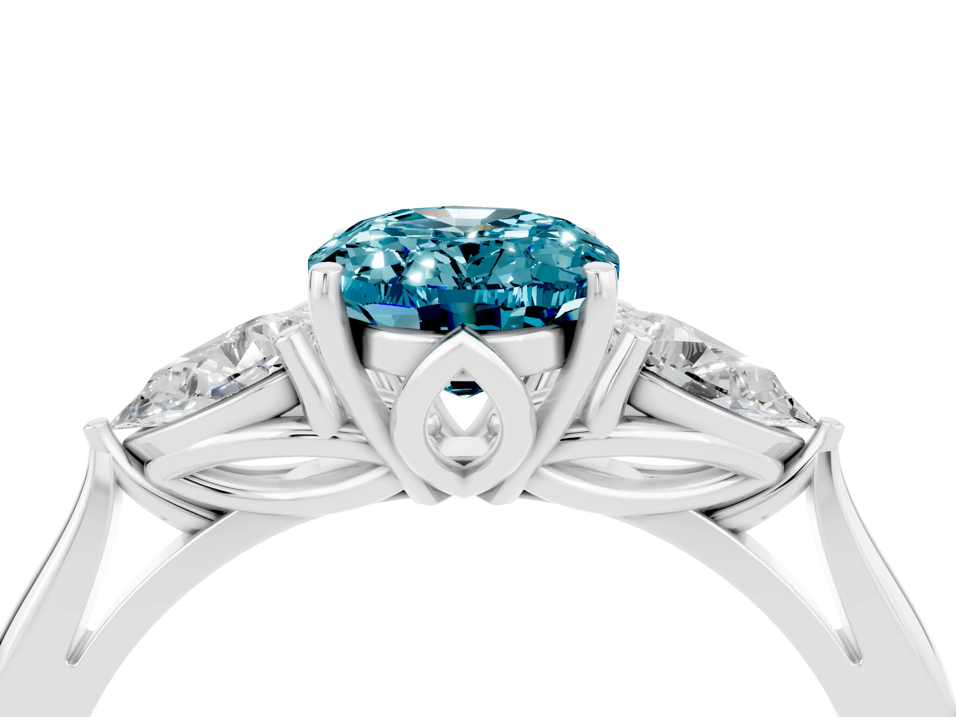 White gold Oval Cut Blue Topaz Three-Stone Ring with Pear Side Stones and Four-Prong Setting_16