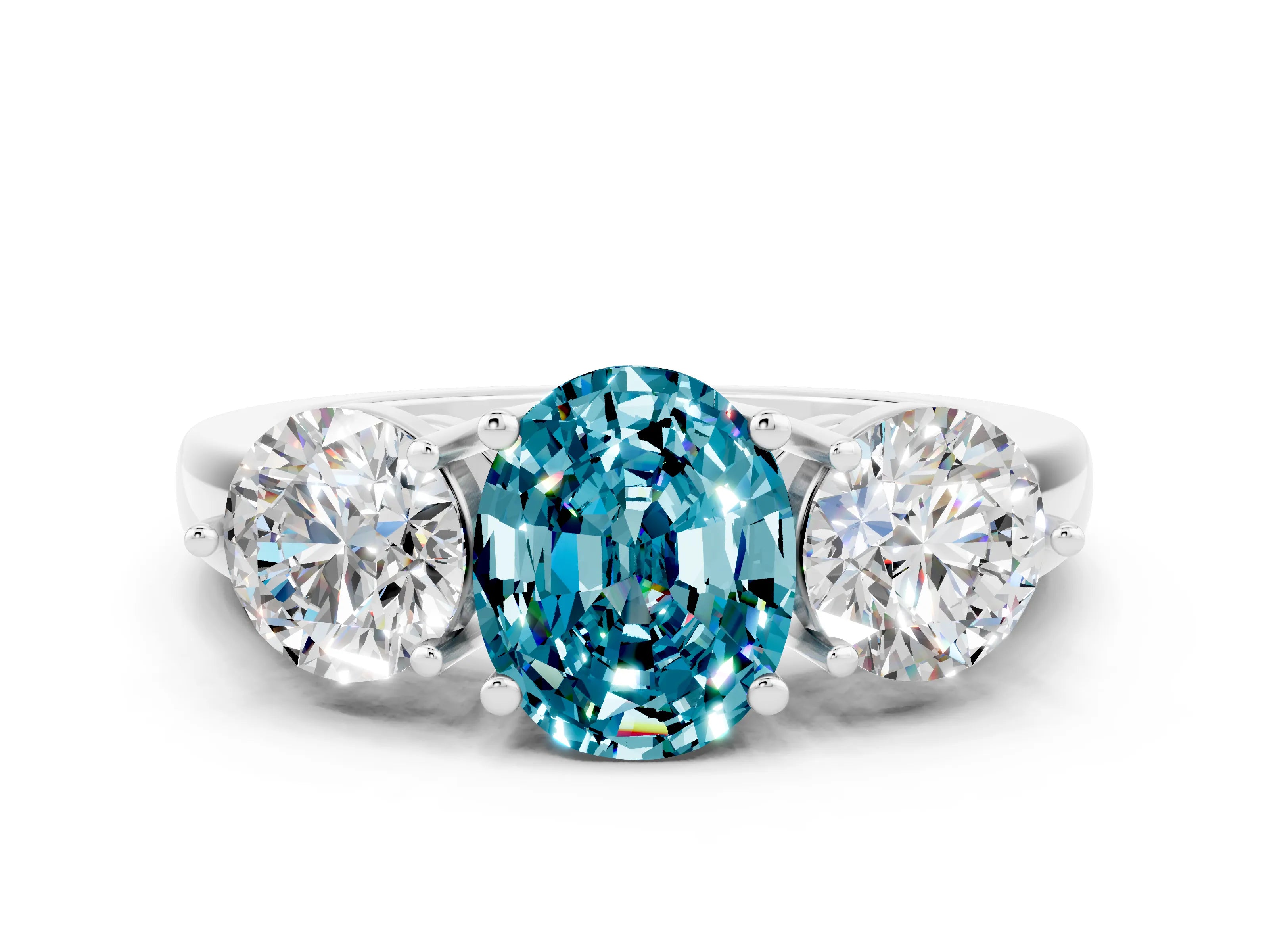 White gold Oval Cut Blue Topaz Three-Stone Ring with Prong Setting and Classic Band
