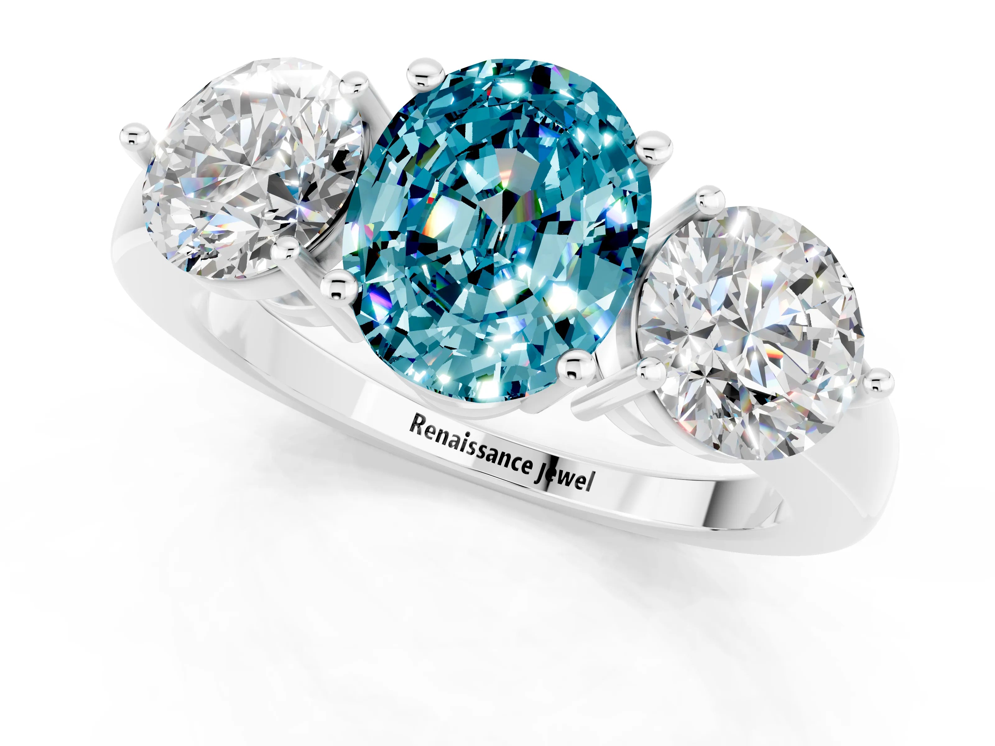 White gold Oval Cut Blue Topaz Three-Stone Ring with Prong Setting and Classic Band_1