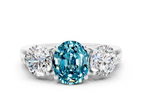 White gold Oval Cut Blue Topaz Three-Stone Ring with Prong Setting and Classic Band