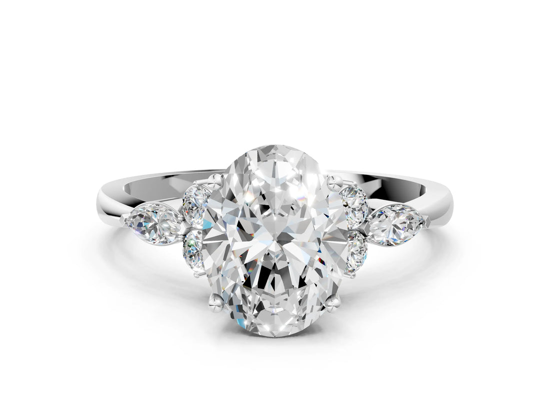 White gold Oval Cut Brilliant Diamond Solitaire Ring with Pear Side Stones and Four-Prong Setting_12